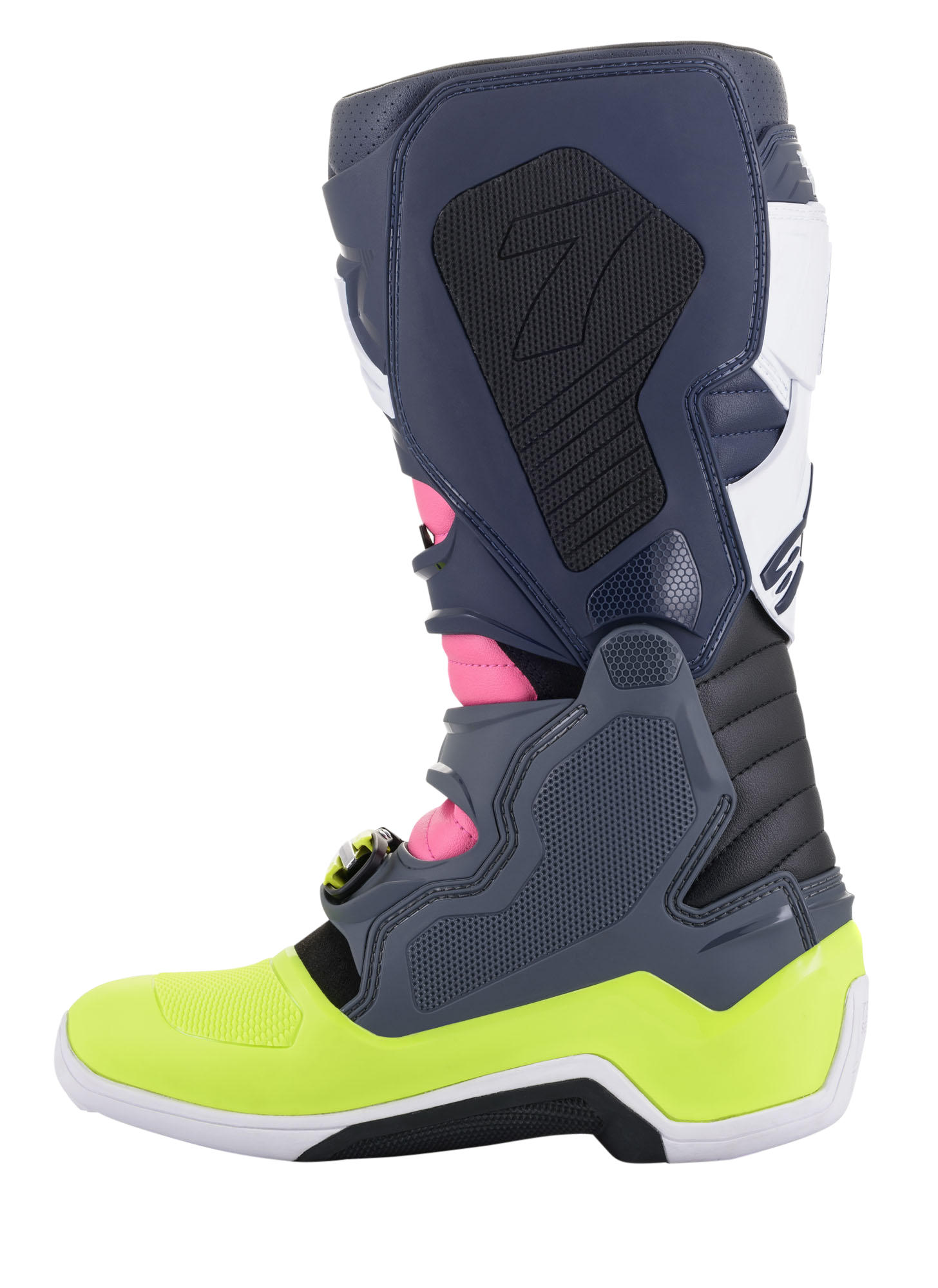 Buty Alpinestars Tech 7, buty motocrossowe, ciemnoszare, ciemnoniebieskie, różowe fluo i neonowe żółte, widok z boku, z innowacyjnym systemem zapięcia na klamry i biomechaniczną ochroną kostki, wysokowydajne obuwie off-road