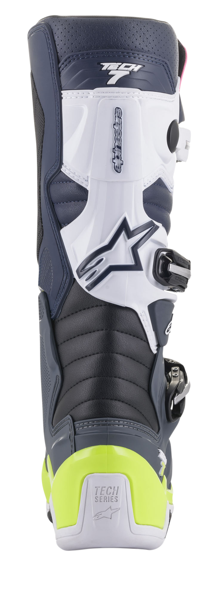 Buty Alpinestars Tech 7, buty motocrossowe, widok z tyłu, kolorystyka granatowa, biała i ciemnoszara z jaskrawożółtym neonowym ochraniaczem pięty, harmonijkowe strefy zgięcia, branding Tech Series