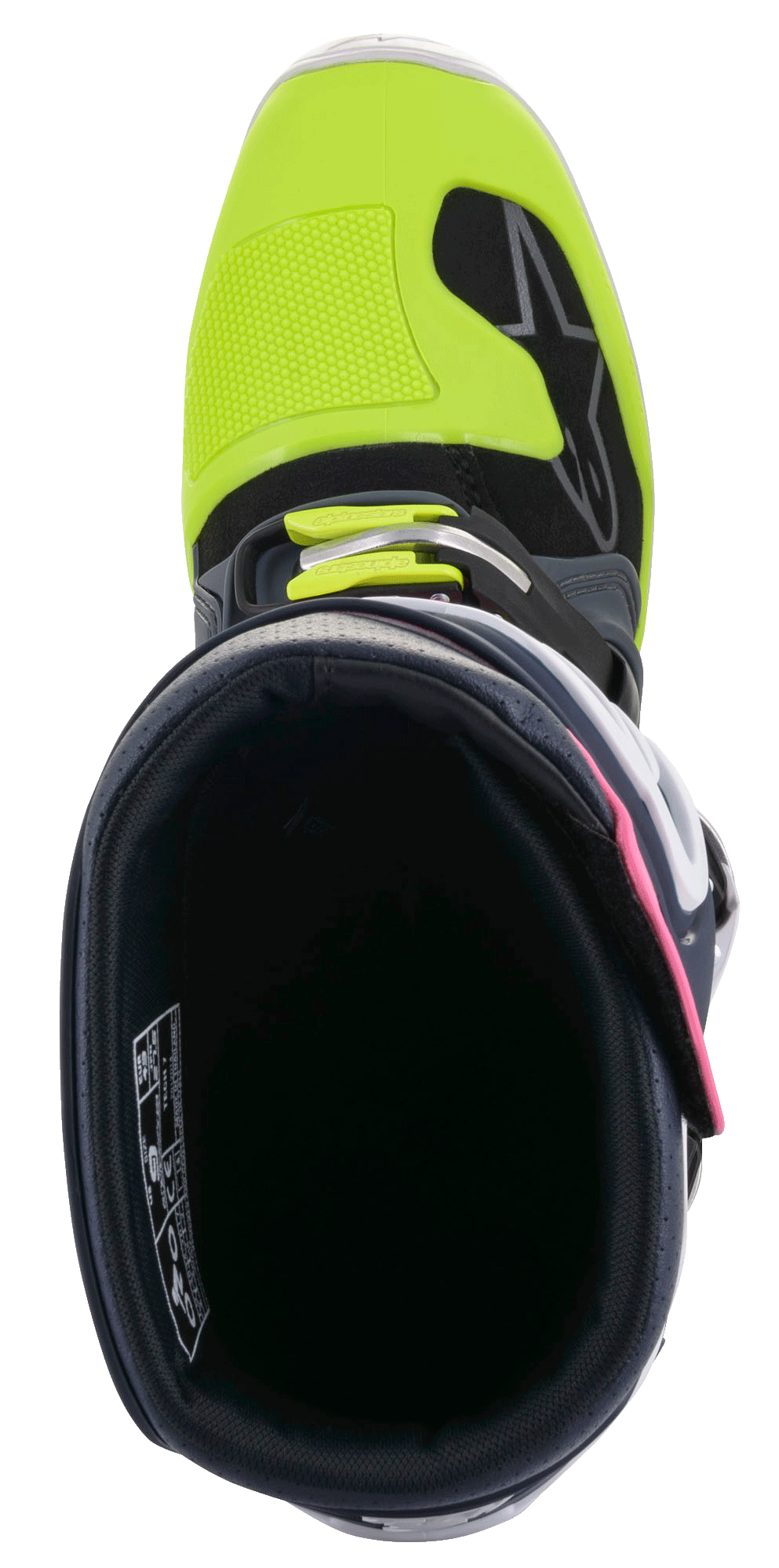 Buty Alpinestars Tech 7, buty motocrossowe, ciemnoszare, ciemnoniebieskie i różowe fluo z jaskrawożółtymi akcentami, widok z góry na wnętrze kołnierza, eksponujący zapięcie na klamry i wzmocnioną osłonę palców.