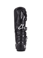 Buty Alpinestars Tech 7, buty motocrossowe, czarne, widok z tyłu z ochroną TPU, systemem zapięć na klamry i charakterystycznym logo marki