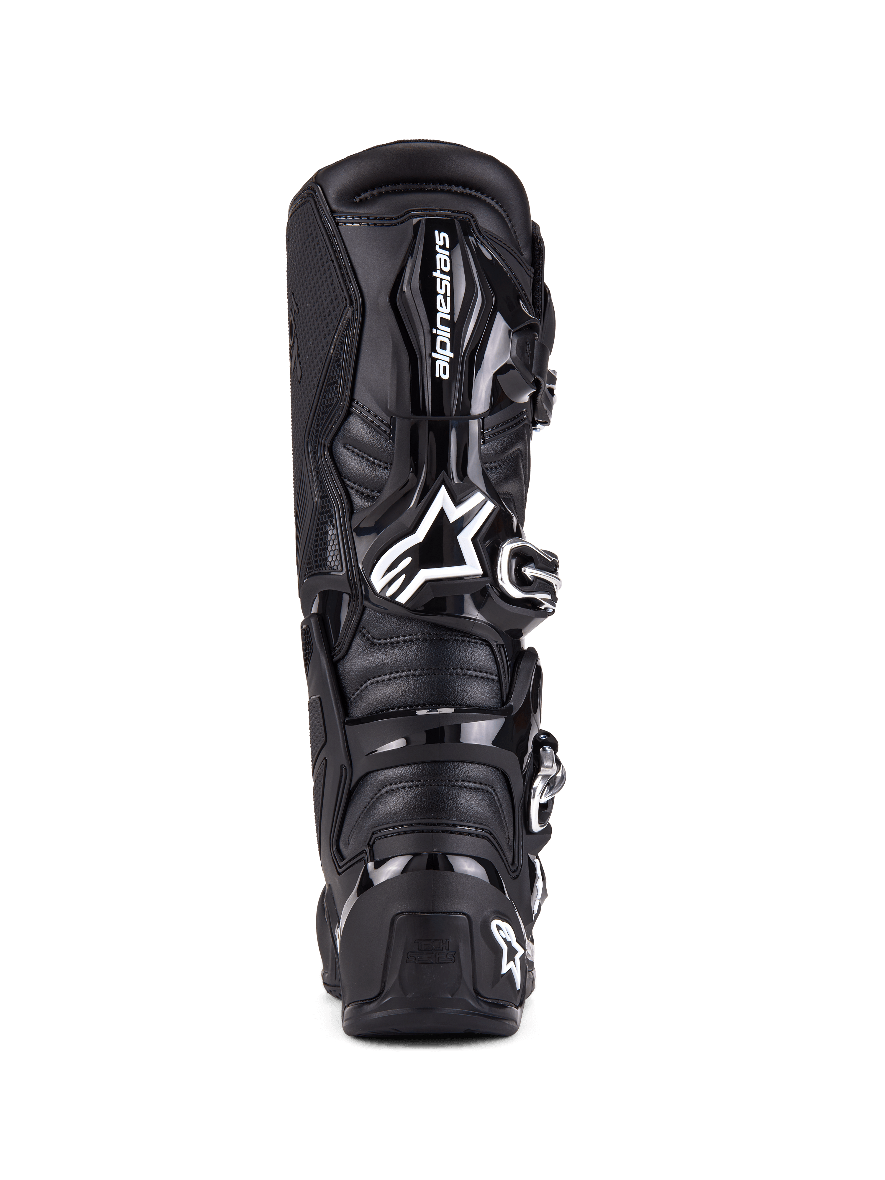 Buty Alpinestars Tech 7, buty motocrossowe, czarne, widok z tyłu z ochroną TPU, systemem zapięć na klamry i charakterystycznym logo marki