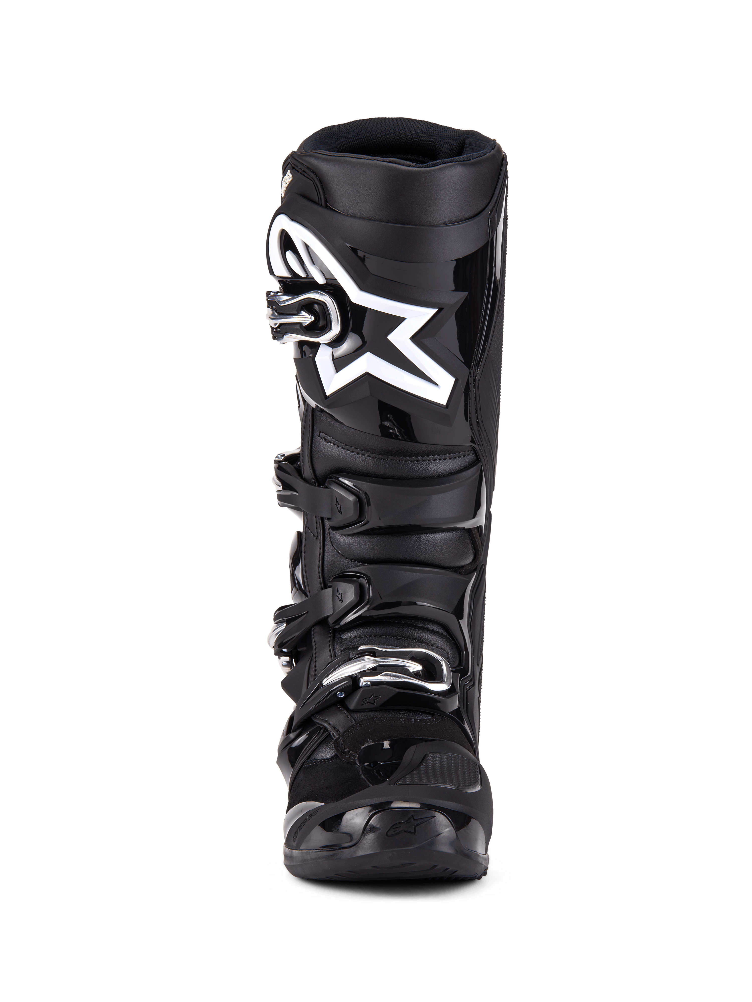 Alpinestars Tech 7, buty motocrossowe, czarne, widok z przodu z systemem zamykania na cztery klamry, wyraźne białe logo gwiazdy Alpinestars na płycie piszczelowej, wytrzymała skorupa TPU i wzmocniona ochrona do wyścigów terenowych.