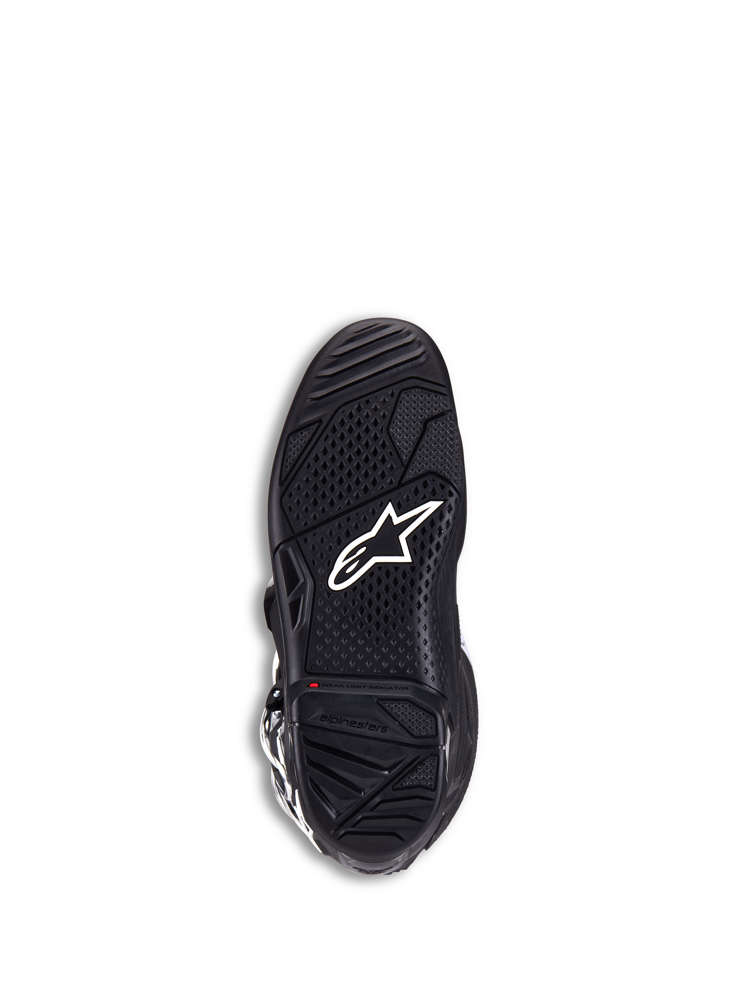 Buty Alpinestars Tech 7, buty motocrossowe, czarne, widok podeszwy z białym logo gwiazdy, teksturowana dwuskładnikowa guma dla maksymalnej przyczepności, czerwony wskaźnik zużycia