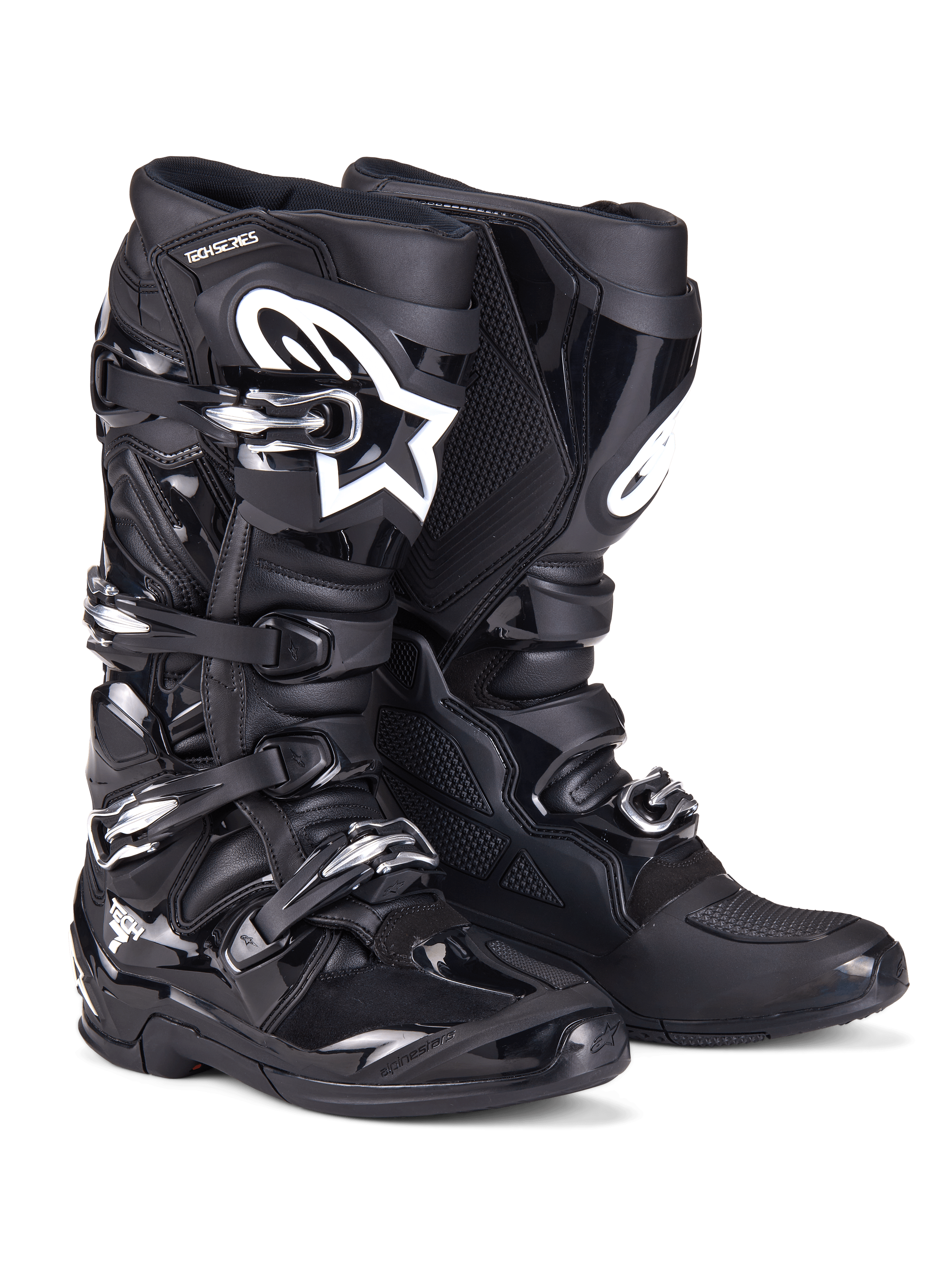 Buty Alpinestars Tech 7, buty motocrossowe, czarne, o wytrzymałej konstrukcji z systemem zapięcia na cztery klamry, panelami ochronnymi TPU i białym logo Alpinestars na goleni, profesjonalne obuwie off-road do wyścigów terenowych