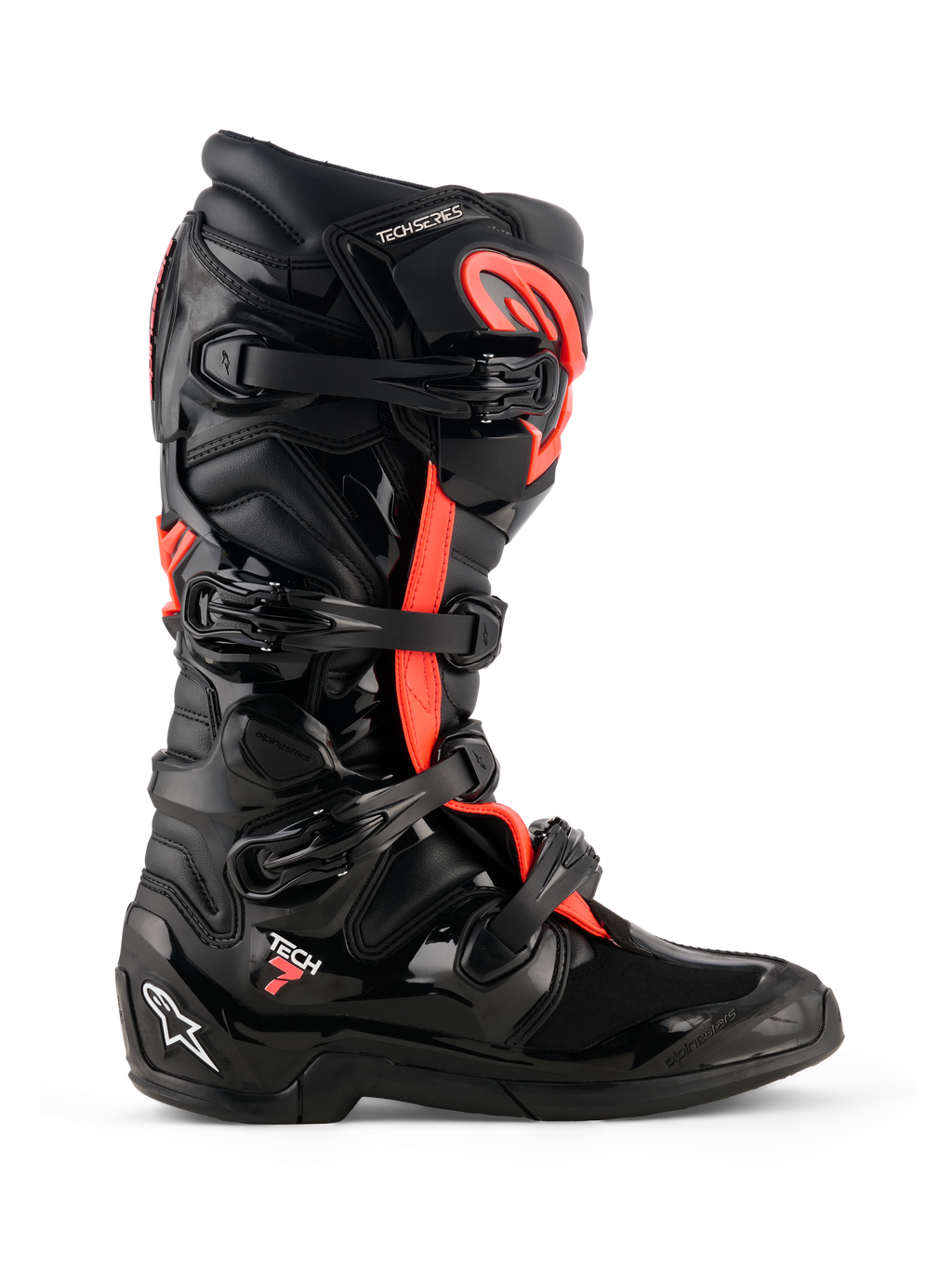 Buty Alpinestars Tech 7, buty motocrossowe, czarno-czerwone fluo, widok z profilu, system zamykania na cztery klamry, ochronna skorupa TPU z oznaczeniem 'Tech 7' i białym logo Astars na pięcie, wytrzymałe obuwie do wyścigów terenowych