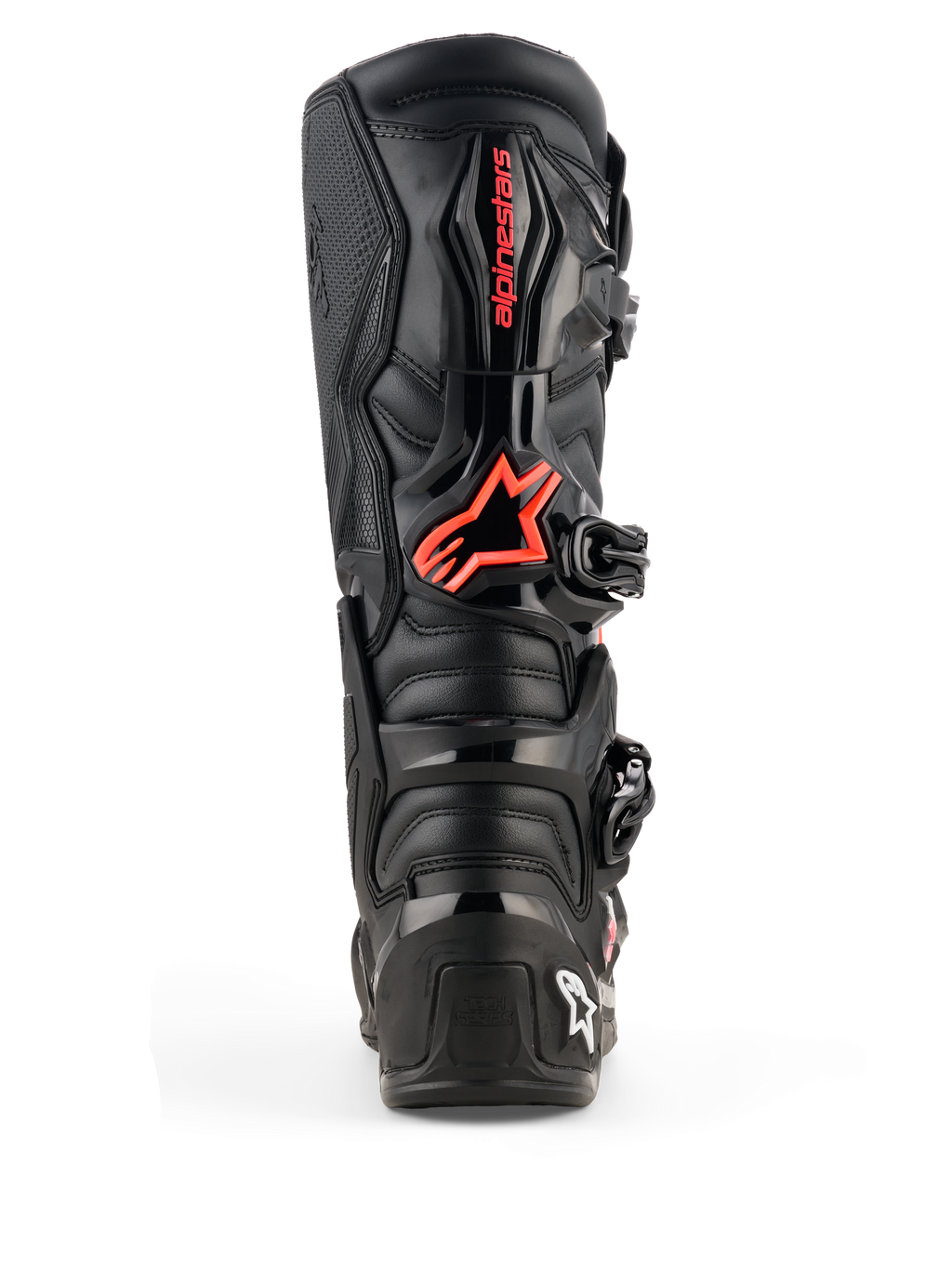 Buty Alpinestars Tech 7, buty motocrossowe, czarne i czerwone fluo, widok z tyłu z ochronnymi płytami TPU, czerwone logo Alpinestars na łydce, wytrzymała konstrukcja zapewniająca wydajność w terenie