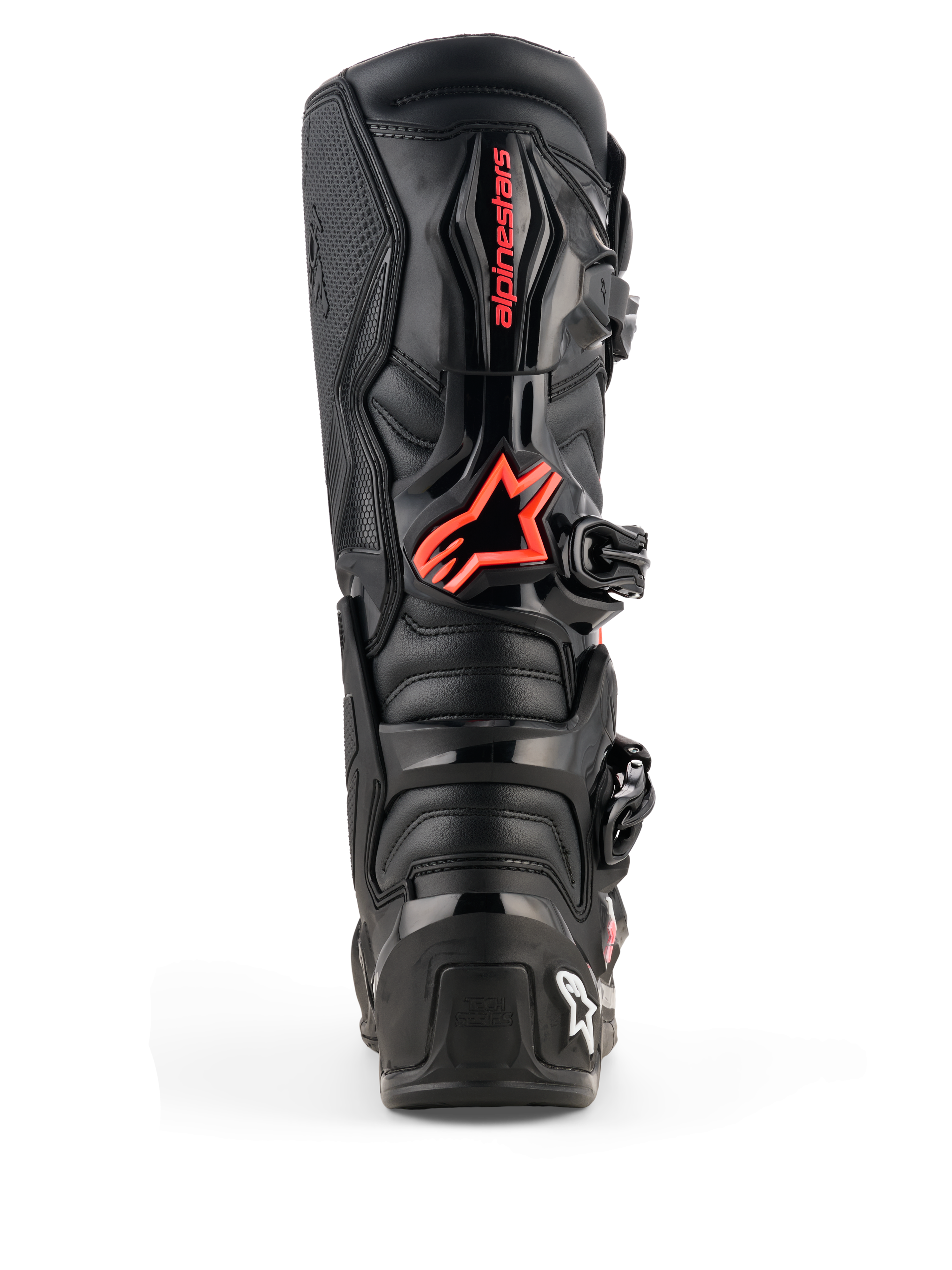 Buty Alpinestars Tech 7, buty motocrossowe, czarne i czerwone fluo, widok z tyłu z ochronnymi płytami TPU, czerwone logo Alpinestars na łydce, wytrzymała konstrukcja zapewniająca wydajność w terenie