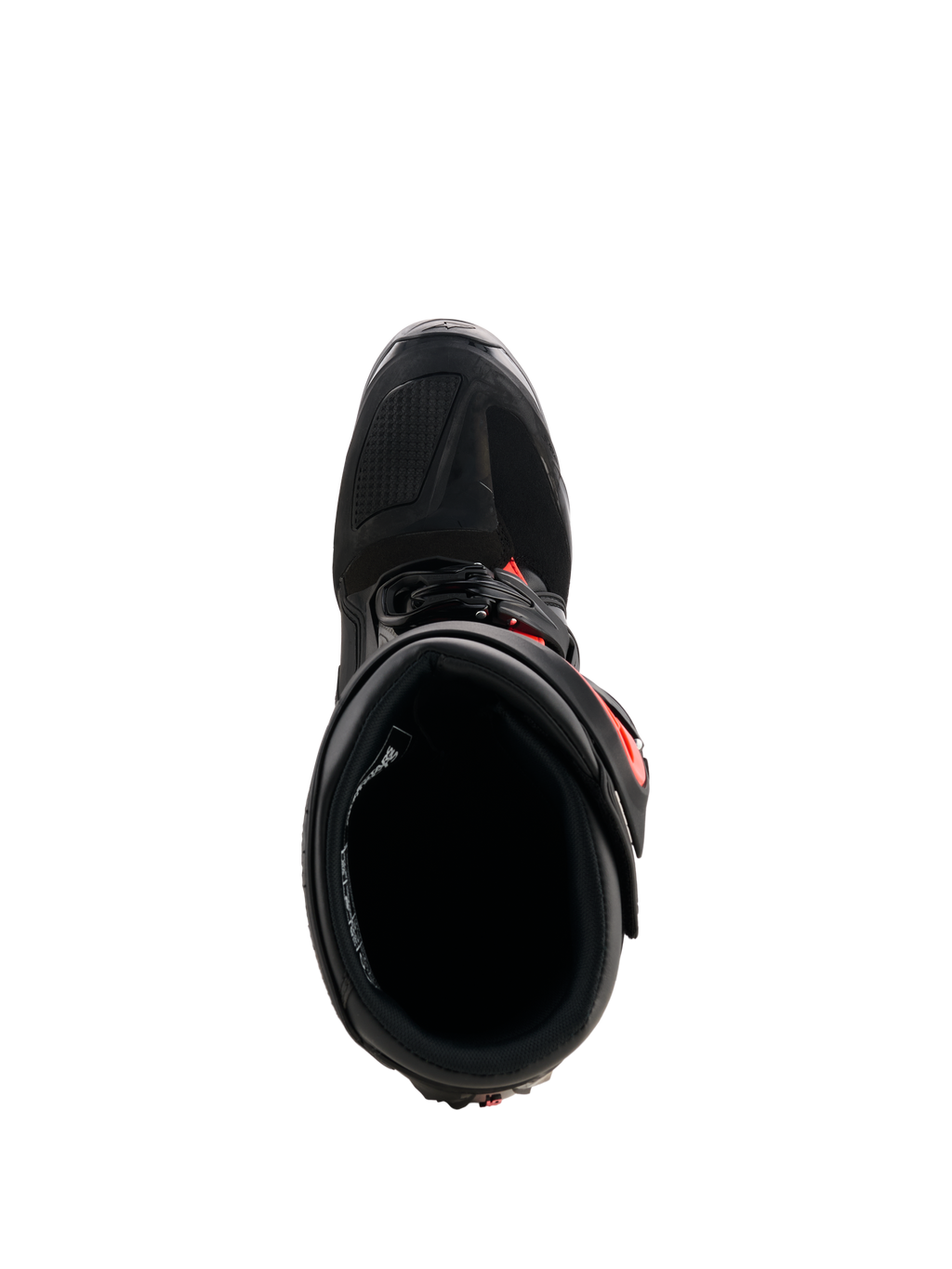 Buty Alpinestars Tech 7, buty motocrossowe, czarno-czerwone fluo, widok z góry ukazujący wewnętrzną wyściółkę i system zapięć, wytrzymała konstrukcja TPU z jaskrawymi czerwonymi akcentami zapewniająca wydajność w terenie