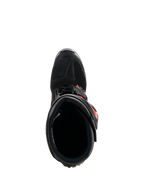 Buty Alpinestars Tech 7, buty motocrossowe, czarno-czerwone fluo, widok z góry ukazujący wewnętrzną wyściółkę i system zapięć, wytrzymała konstrukcja TPU z jaskrawymi czerwonymi akcentami zapewniająca wydajność w terenie
