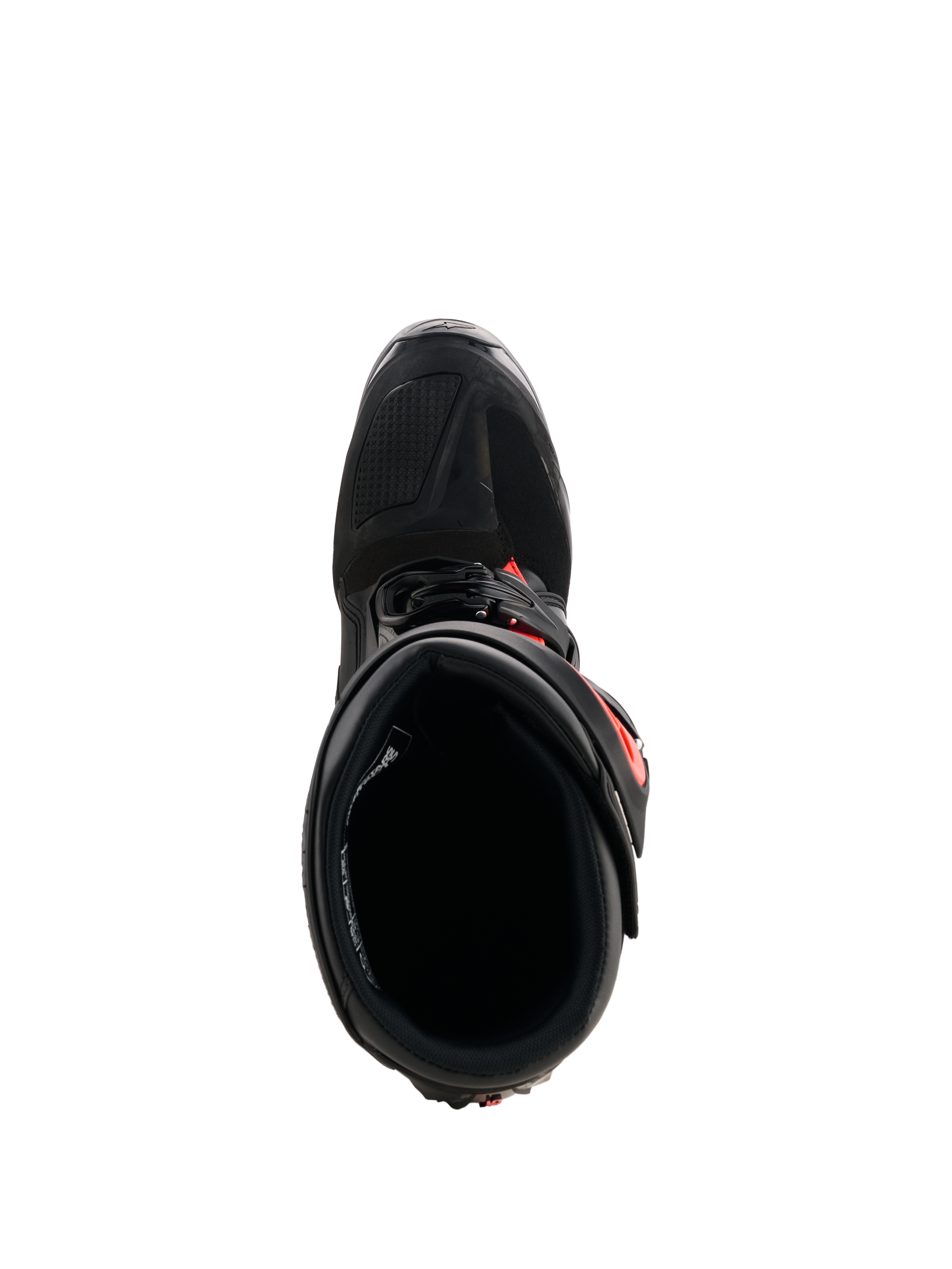 Buty Alpinestars Tech 7, buty motocrossowe, czarno-czerwone fluo, widok z góry ukazujący wewnętrzną wyściółkę i system zapięć, wytrzymała konstrukcja TPU z jaskrawymi czerwonymi akcentami zapewniająca wydajność w terenie