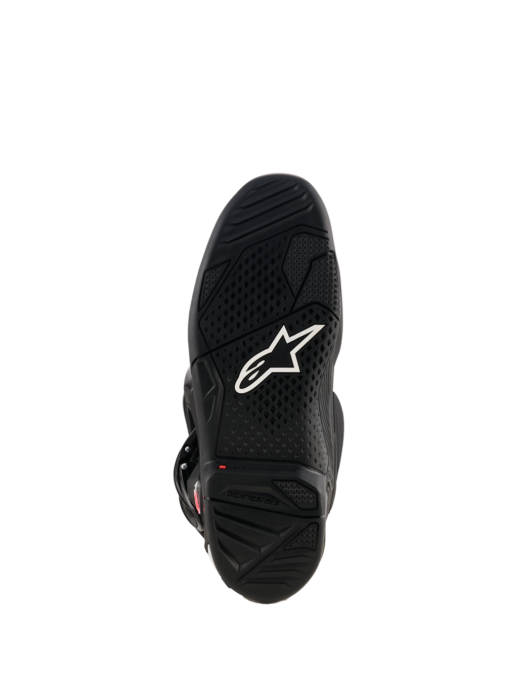 Buty Alpinestars Tech 7, widok czarnej gumowej podeszwy z białym logo Astar, teksturowanym wzorem bieżnika i czerwonym wskaźnikiem zużycia dla wydajności motocrossowej.