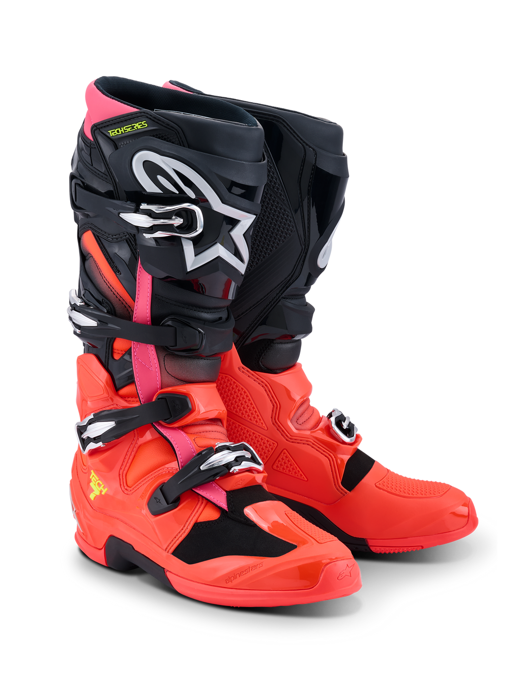 Buty Alpinestars Tech 7, buty motocrossowe, czarne, czerwone fluo i różowe fluo, z klamrami szybkomocującymi, systemem podwójnego przegubu i ochronną skorupą TPU, wytrzymały sprzęt do jazdy w terenie