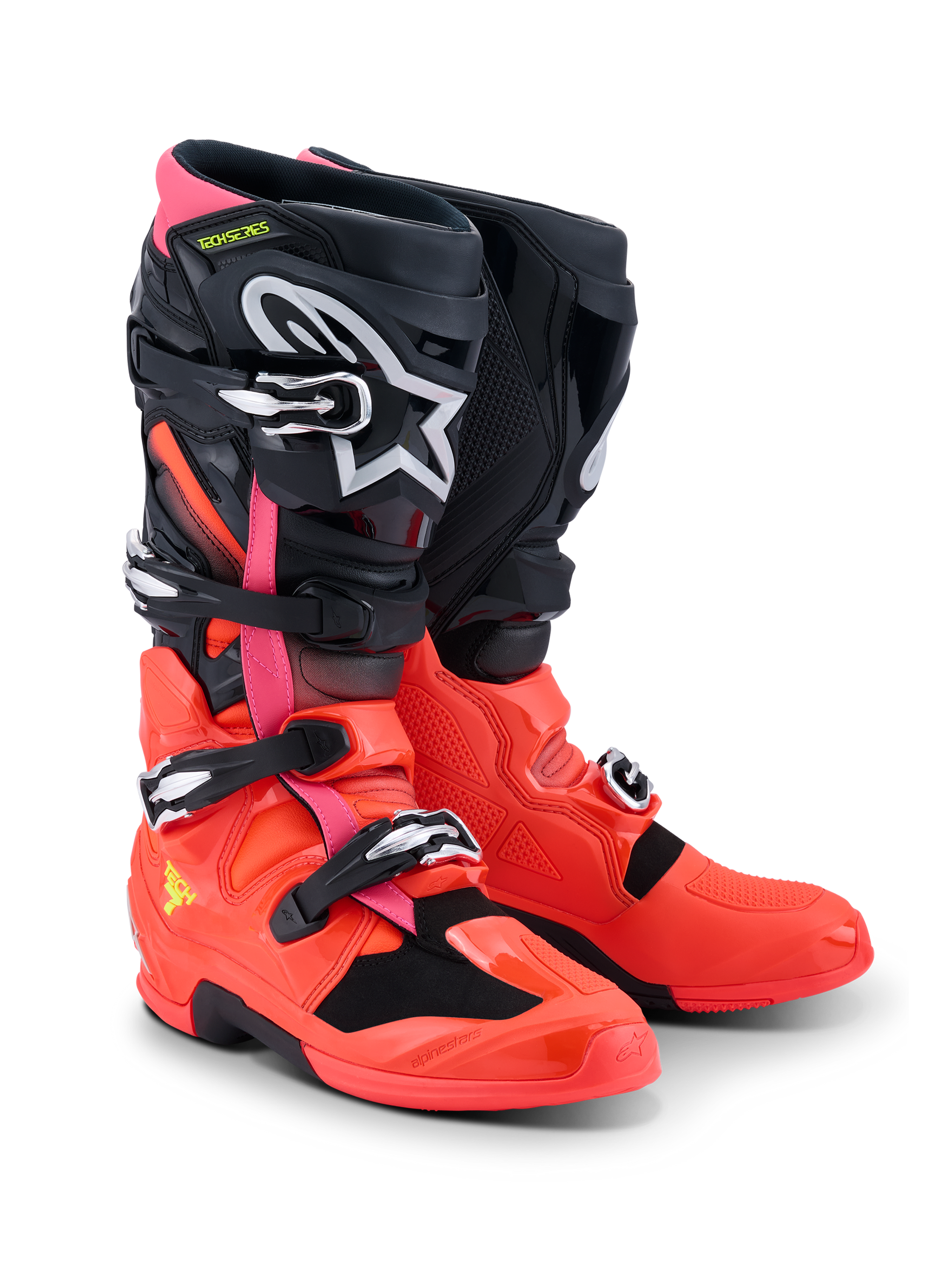 Buty Alpinestars Tech 7, buty motocrossowe, czarne, czerwone fluo i różowe fluo, z klamrami szybkomocującymi, systemem podwójnego przegubu i ochronną skorupą TPU, wytrzymały sprzęt do jazdy w terenie