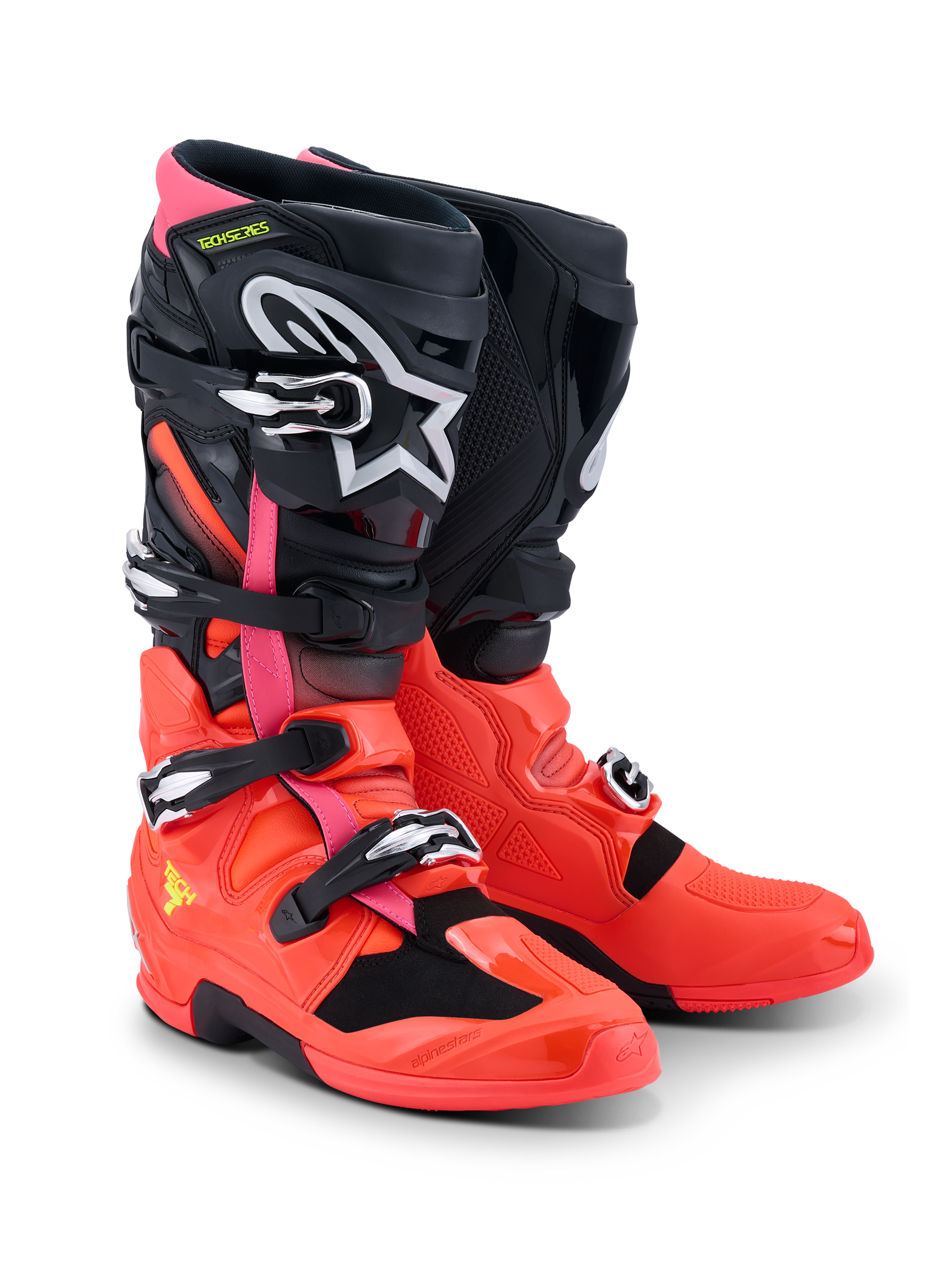 Buty Alpinestars Tech 7, buty motocrossowe, czarne, czerwone fluo i różowe fluo, z klamrami szybkomocującymi, systemem podwójnego przegubu i ochronną skorupą TPU, wytrzymały sprzęt do jazdy w terenie