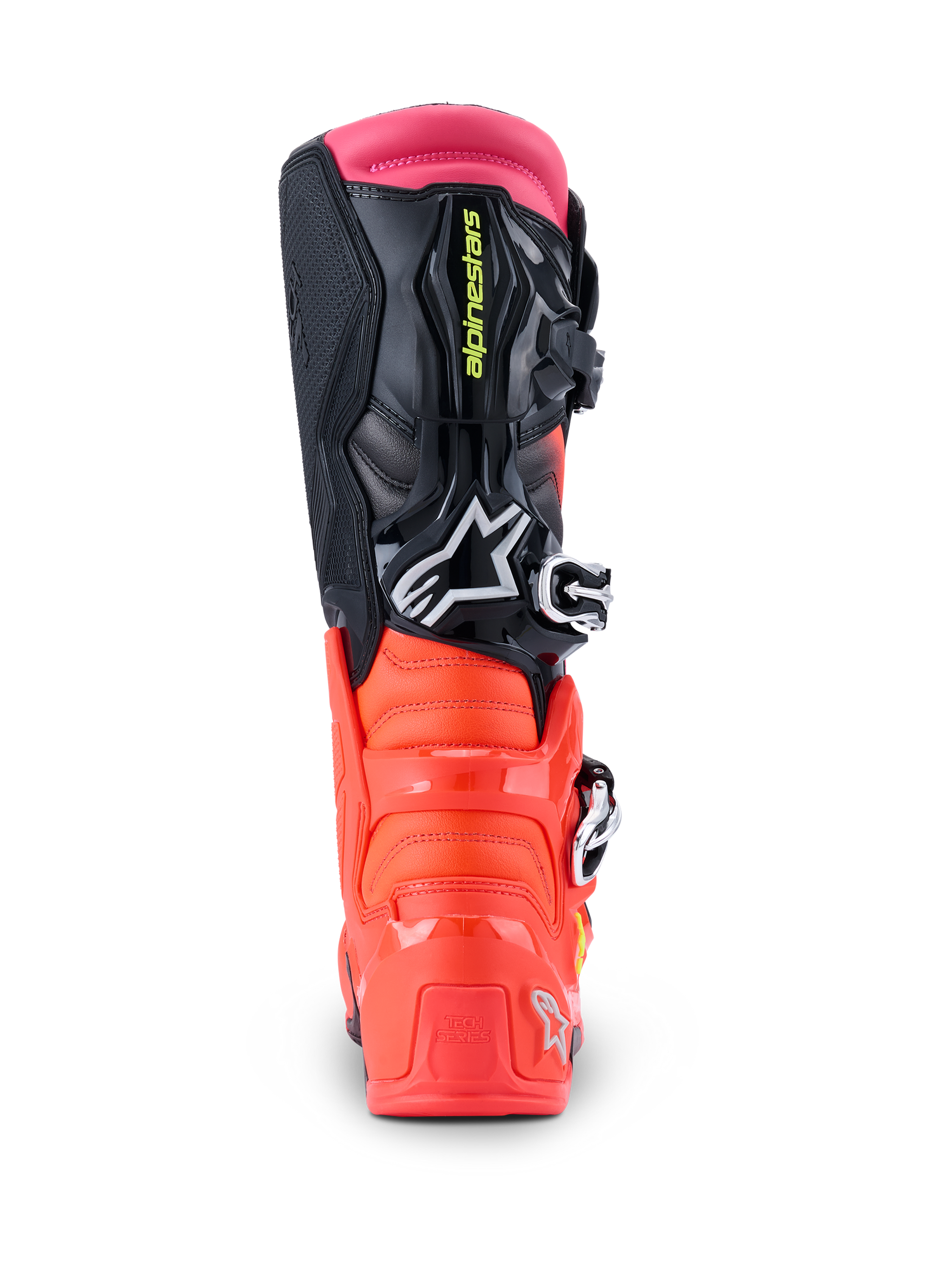 Buty Alpinestars Tech 7, buty motocrossowe, czarne, czerwone fluo i różowe fluo, widok z tyłu prezentujący wzmocnioną piętę z TPU, wielomateriałową cholewkę i różową górną getrę.