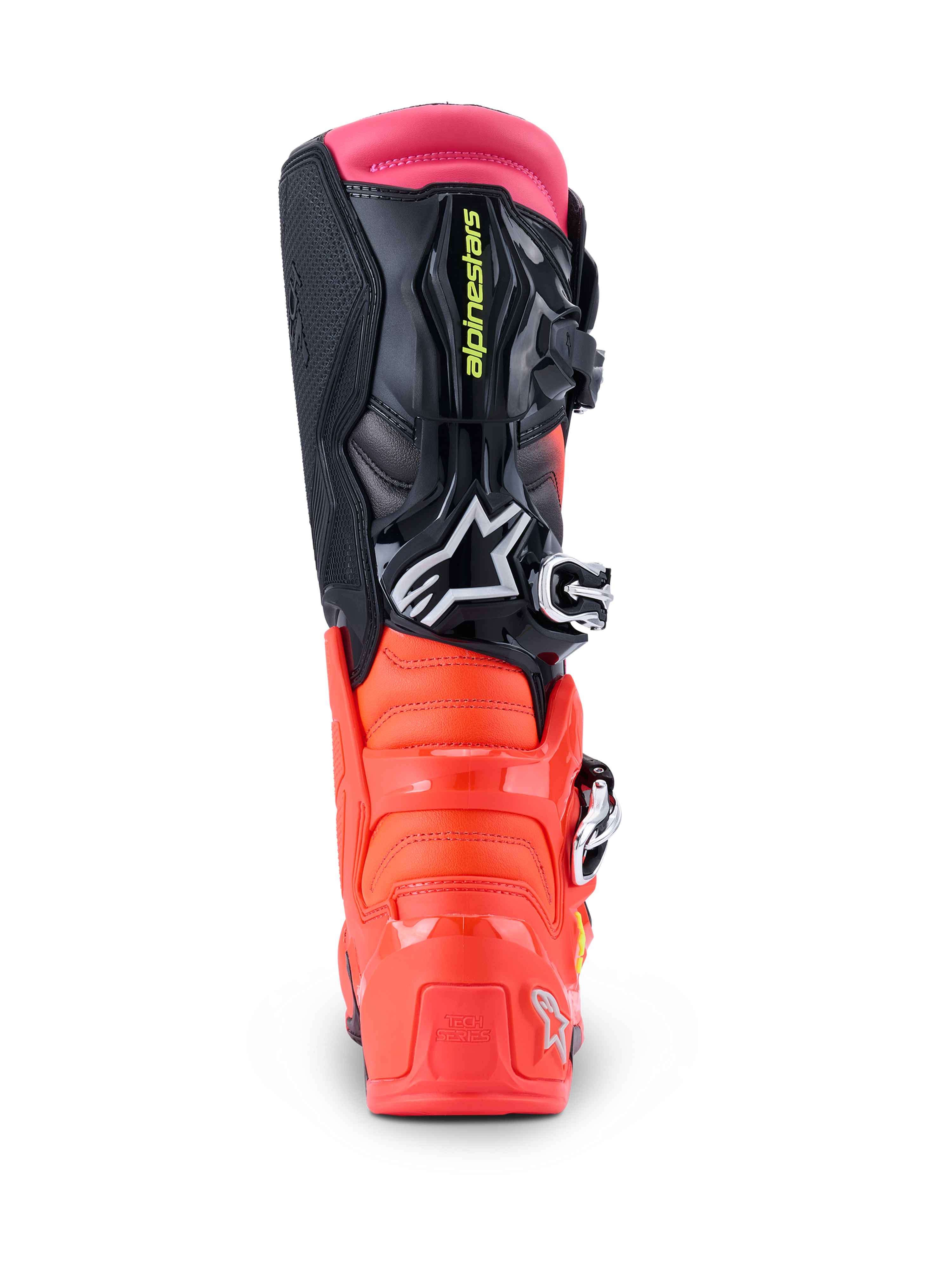 Buty Alpinestars Tech 7, buty motocrossowe, czarne, czerwone fluo i różowe fluo, widok z tyłu prezentujący wzmocnioną piętę z TPU, wielomateriałową cholewkę i różową górną getrę.