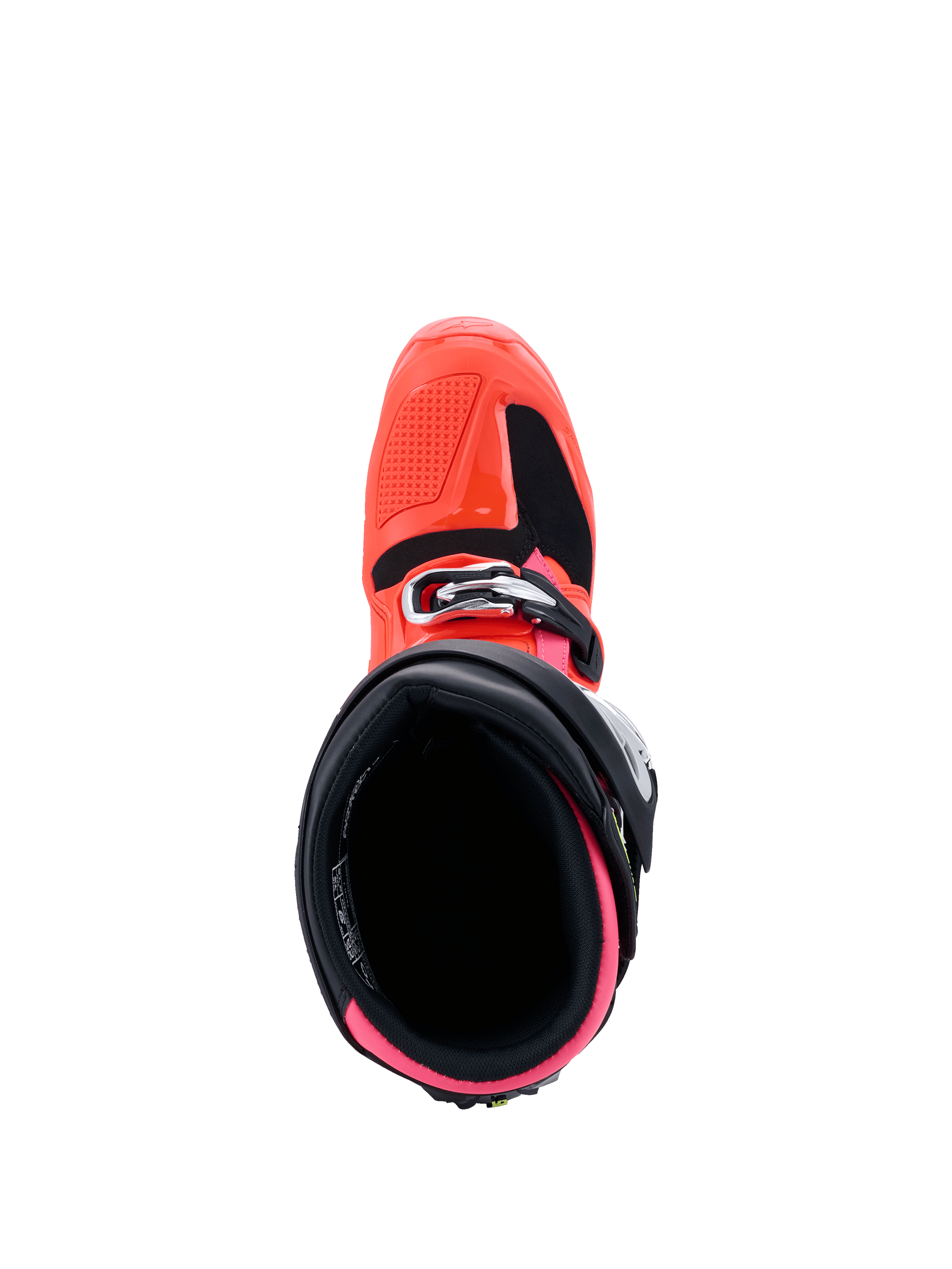 Buty Alpinestars Tech 7, kolekcja MX26, buty motocrossowe, czarne, jaskrawoczerwone i jaskraworóżowe, widok z góry na wnętrze buta, jaskraworóżowa wyściółka i jaskrawoczerwona skorupa zewnętrzna z zapięciem na klamry