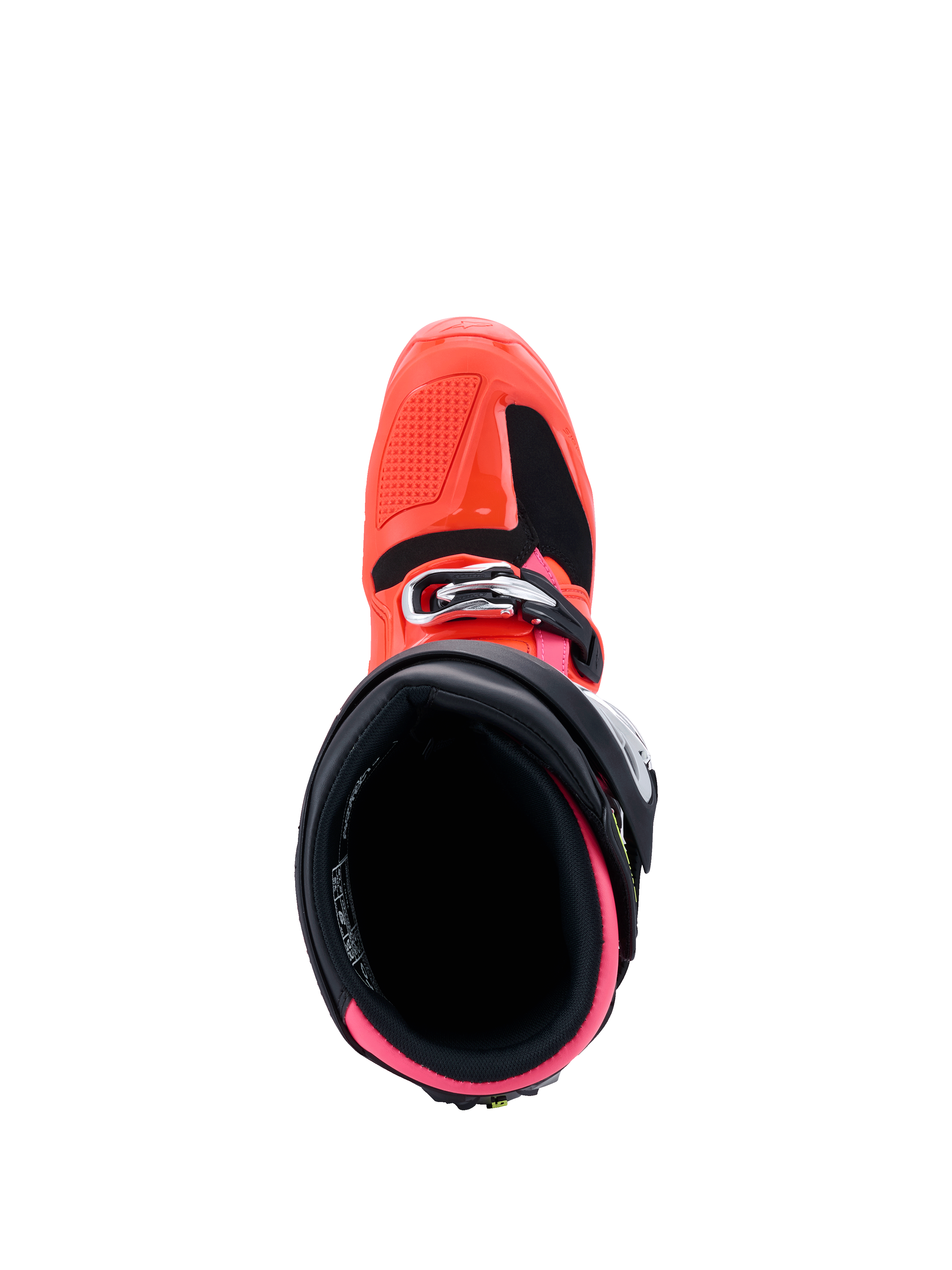 Buty Alpinestars Tech 7, kolekcja MX26, buty motocrossowe, czarne, jaskrawoczerwone i jaskraworóżowe, widok z góry na wnętrze buta, jaskraworóżowa wyściółka i jaskrawoczerwona skorupa zewnętrzna z zapięciem na klamry
