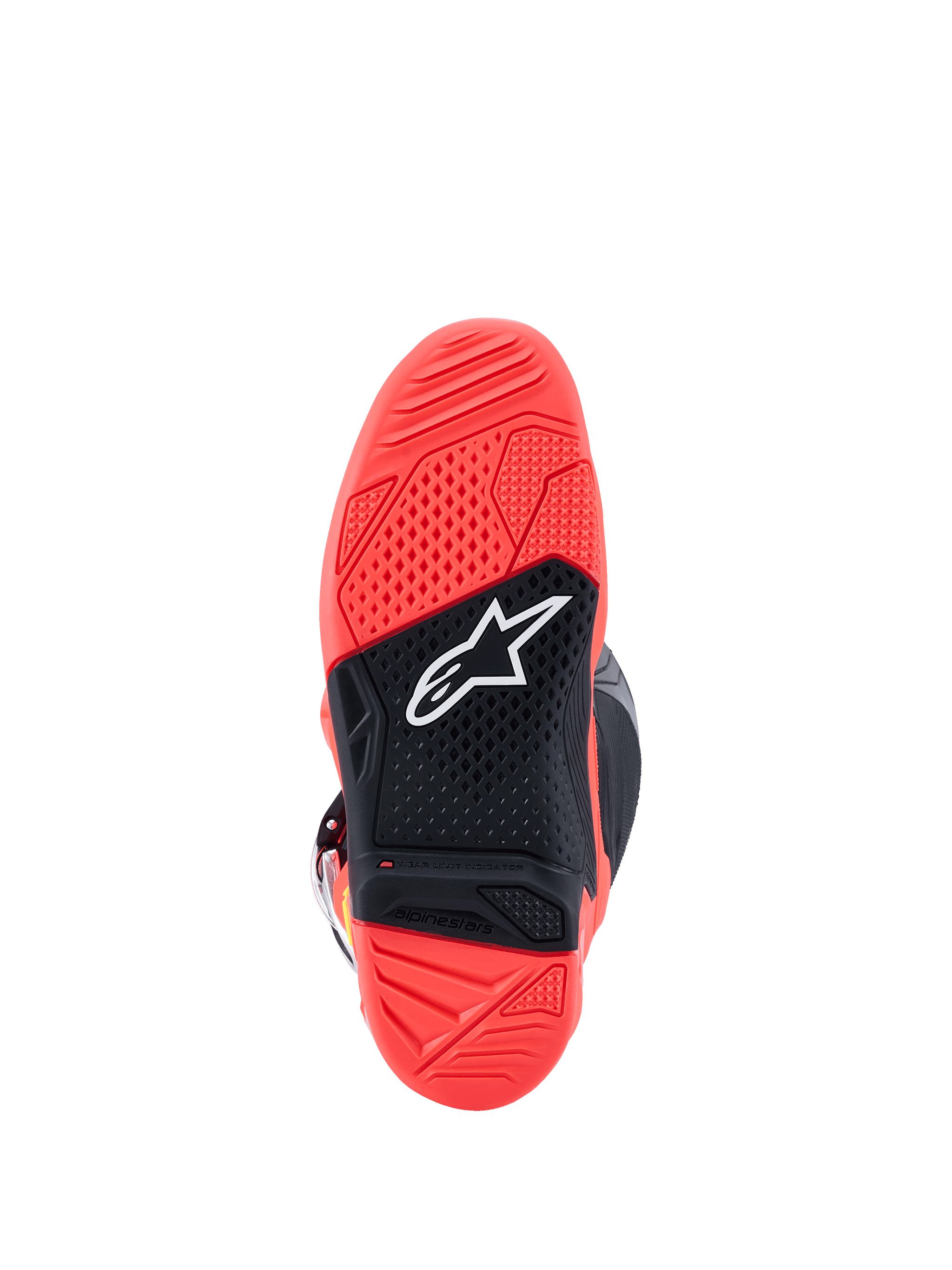 Buty Alpinestars Tech 7, widok podeszwy, jaskrawy fluorescencyjny czerwony i czarny, teksturowana podeszwa z dwuskładnikowej gumy, białe logo gwiazdy Alpinestars, wskaźnik zużycia