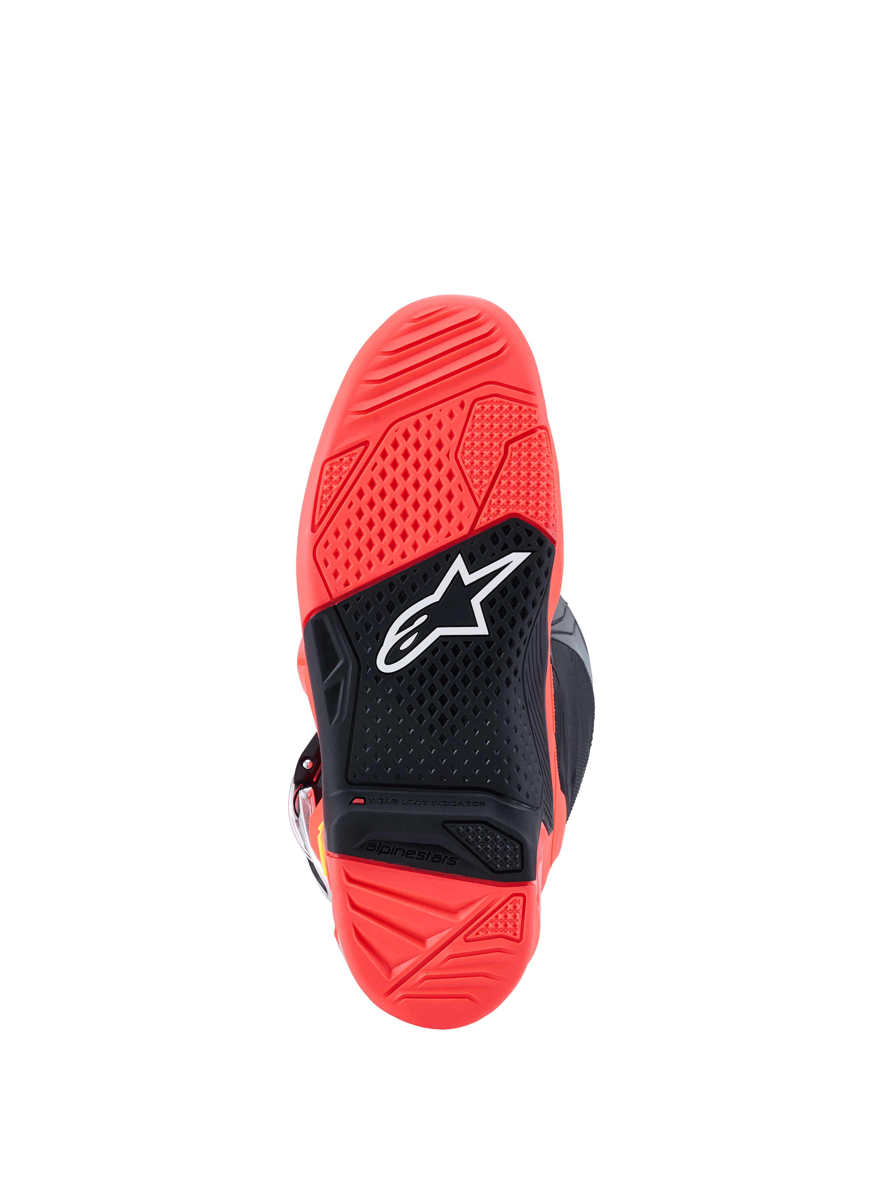 Buty Alpinestars Tech 7, widok podeszwy, jaskrawy fluorescencyjny czerwony i czarny, teksturowana podeszwa z dwuskładnikowej gumy, białe logo gwiazdy Alpinestars, wskaźnik zużycia