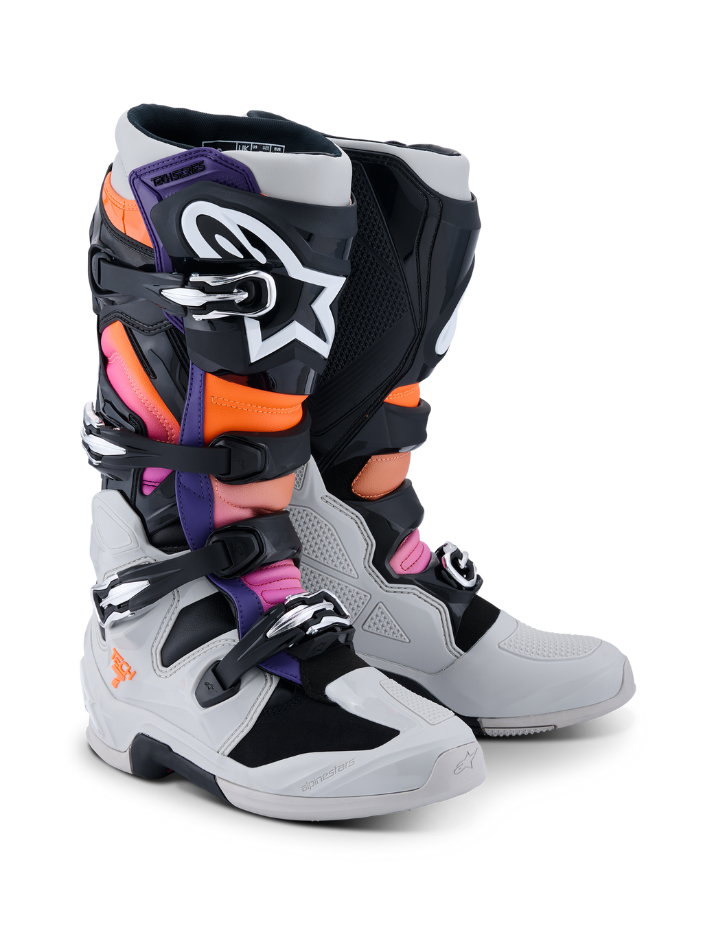 Buty Alpinestars Tech 7, buty motocrossowe, czarne, jasnoszare, neonowe pomarańczowe i magenta, z systemem zapinania na wiele klamer, wzmocnioną skorupą TPU i kontrastowym logo, zaprojektowane do profesjonalnych wyścigów terenowych i ochrony