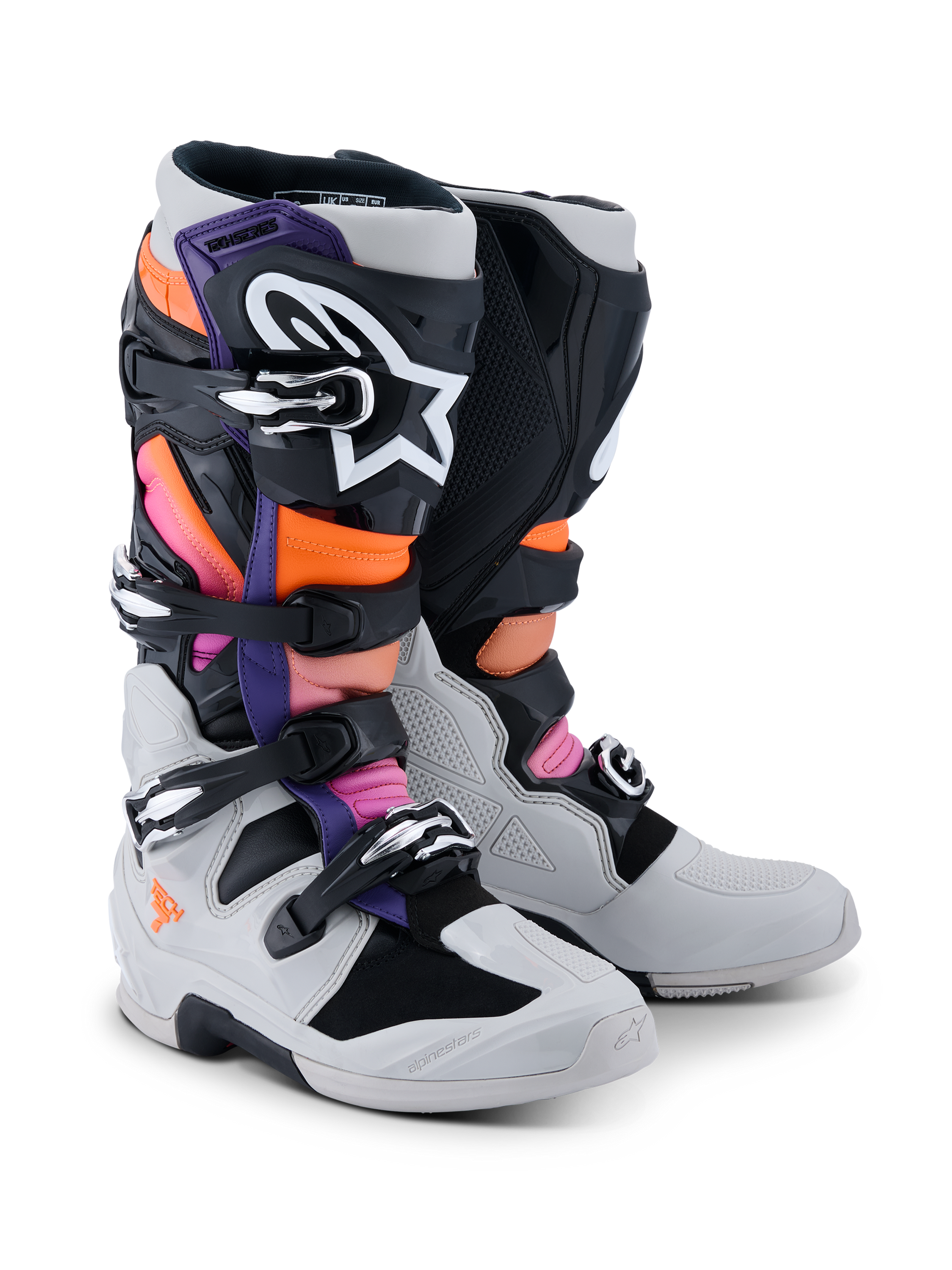 Buty Alpinestars Tech 7, buty motocrossowe, czarne, jasnoszare, neonowe pomarańczowe i magenta, z systemem zapinania na wiele klamer, wzmocnioną skorupą TPU i kontrastowym logo, zaprojektowane do profesjonalnych wyścigów terenowych i ochrony