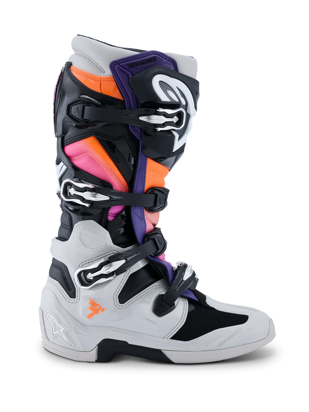 Buty Alpinestars Tech 7, buty motocrossowe, czarne, jasnoszare, fluorescencyjne pomarańczowe i magenta, widok z boku, system zapięć na wiele klamer, ochronna skorupa TPU, panele w żywych kolorach do wyścigów terenowych