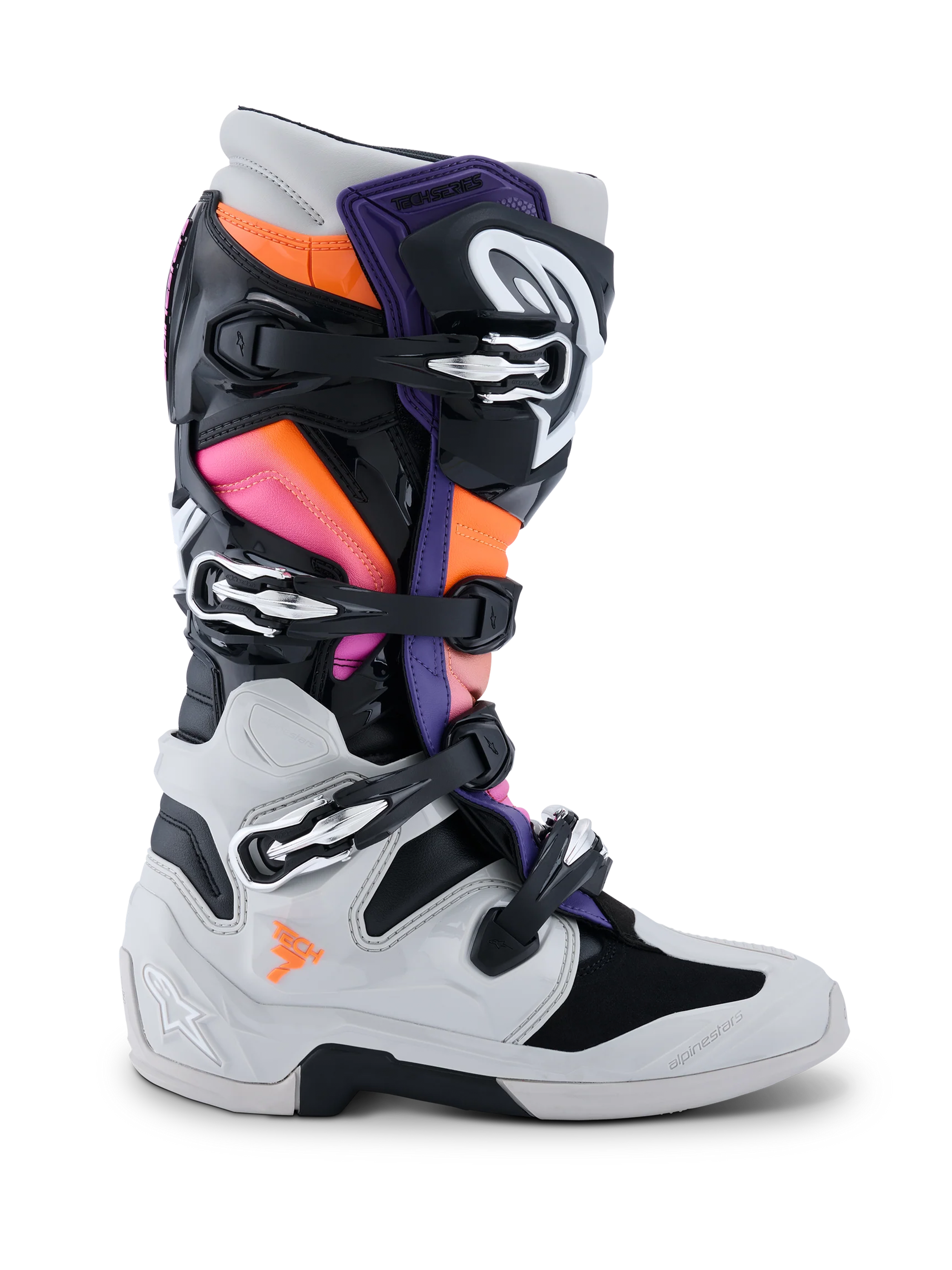 Buty Alpinestars Tech 7, buty motocrossowe, czarne, jasnoszare, fluorescencyjne pomarańczowe i magenta, widok z boku, system zapięć na wiele klamer, ochronna skorupa TPU, panele w żywych kolorach do wyścigów terenowych