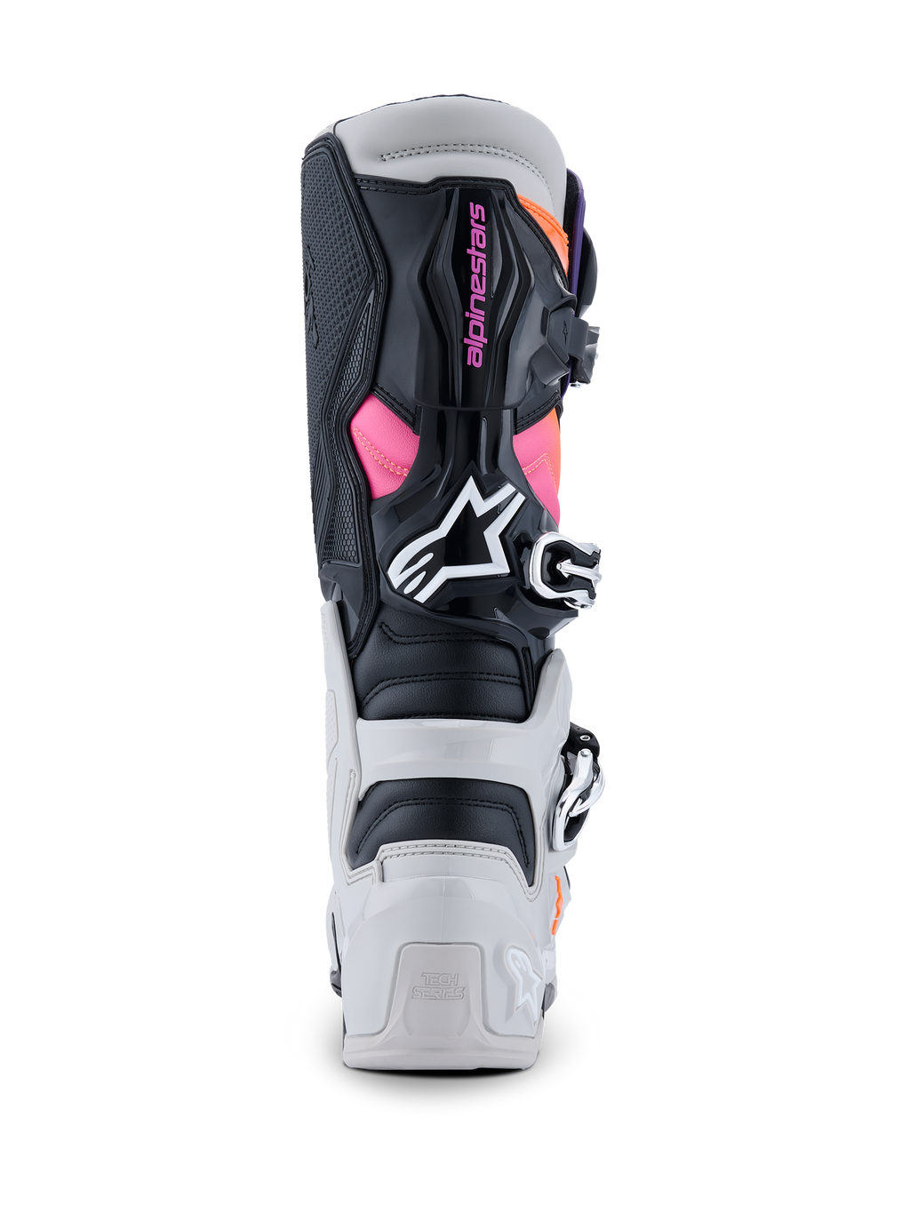 Alpinestars Tech 7 Boots, buty motocrossowe, czarno-jasnoszare z fluorescencyjnym pomarańczem i magentą, widok z tyłu pokazujący ochraniacze pięty i łydki z TPU, różowe oznaczenie Alpinestars, białe logo, wytrzymały system klamer
