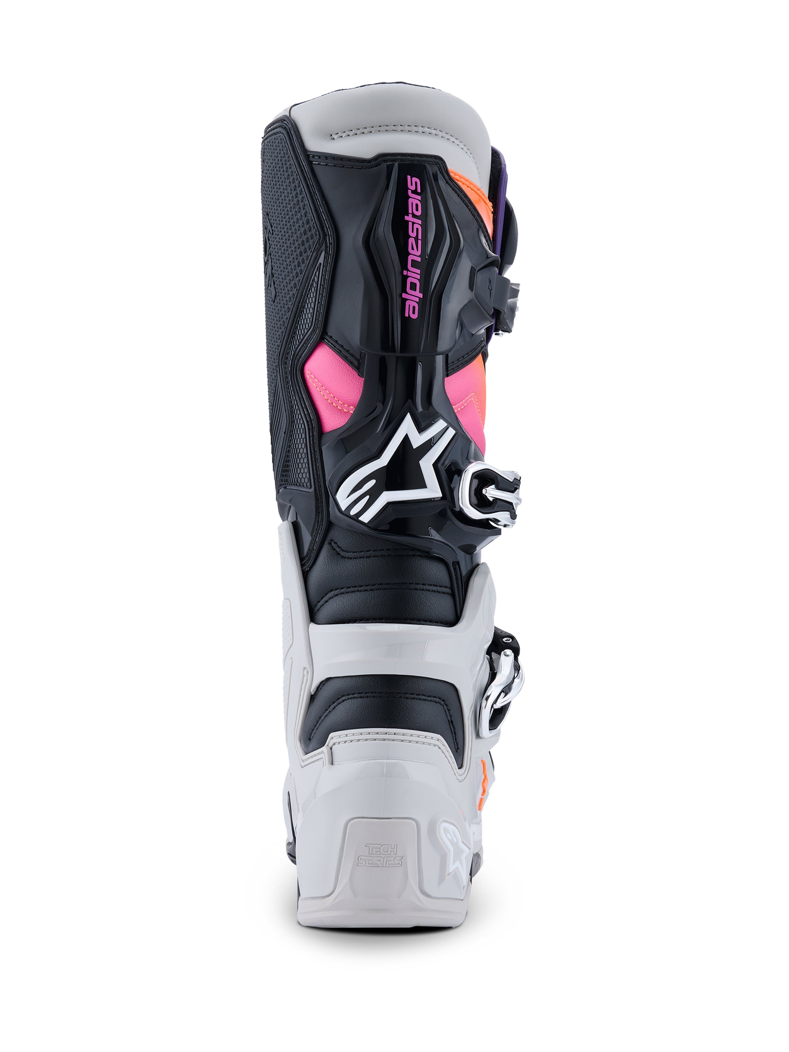 Alpinestars Tech 7 Boots, buty motocrossowe, czarno-jasnoszare z fluorescencyjnym pomarańczem i magentą, widok z tyłu pokazujący ochraniacze pięty i łydki z TPU, różowe oznaczenie Alpinestars, białe logo, wytrzymały system klamer