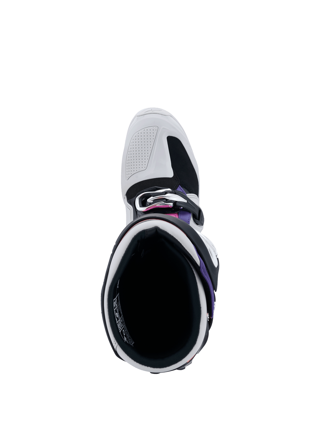 Buty Alpinestars Tech 7, widok z góry do wnętrza buta, jasnoszare i czarne z fioletowymi i purpurowymi akcentami, ukazujące wewnętrzną wyściółkę, system klamer i wzmocnioną strefę palców do wyścigów terenowych