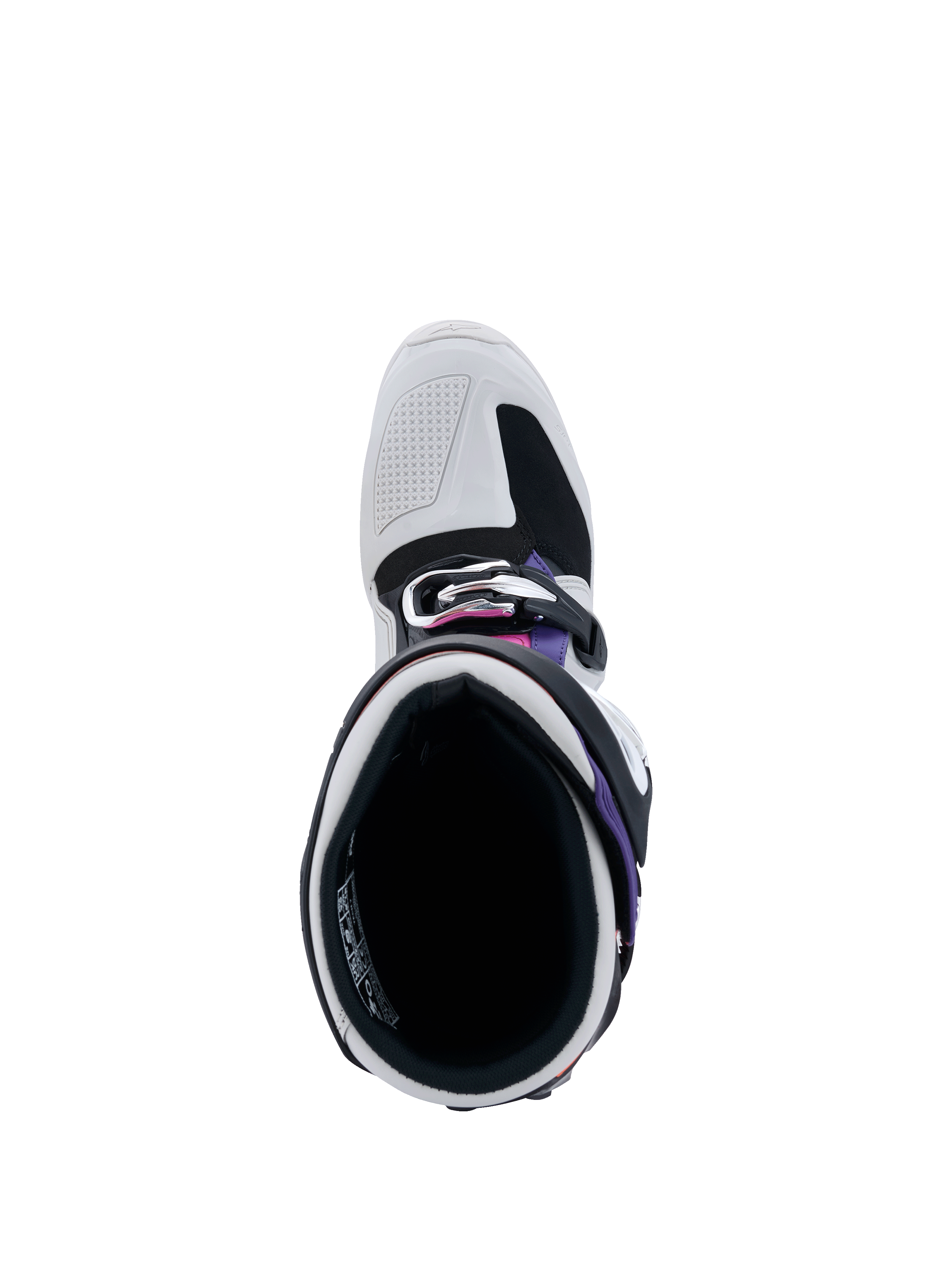 Buty Alpinestars Tech 7, widok z góry do wnętrza buta, jasnoszare i czarne z fioletowymi i purpurowymi akcentami, ukazujące wewnętrzną wyściółkę, system klamer i wzmocnioną strefę palców do wyścigów terenowych