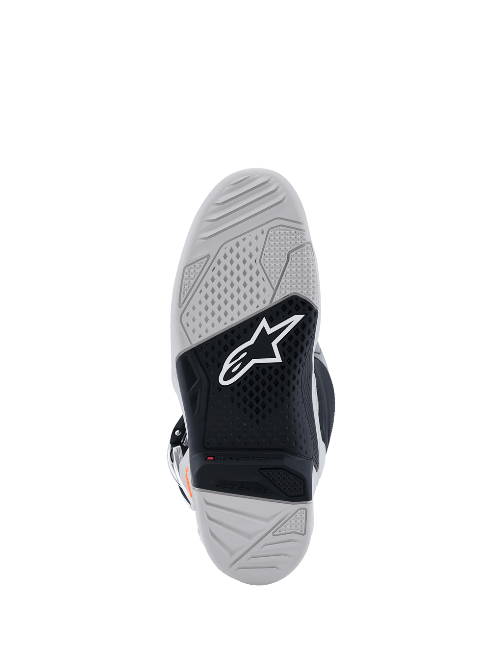 Alpinestars Tech 7 Boots, widok podeszwy, buty motocrossowe, jasnoszare i czarne, dwuskładnikowa wulkanizowana gumowa podeszwa z białym logo Alpinestars, czerwony wskaźnik zużycia i teksturowany wzór bieżnika o wysokiej przyczepności