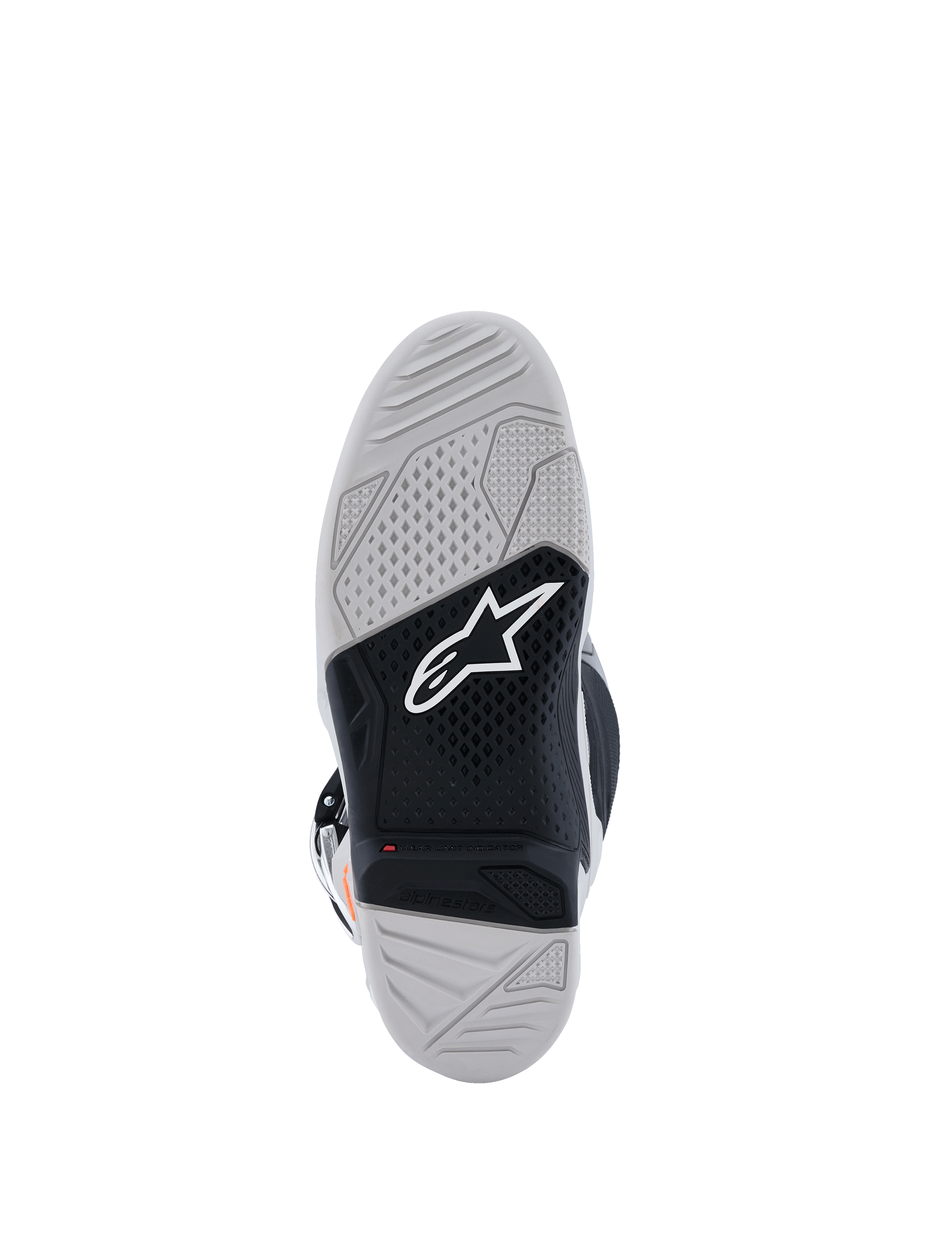 Alpinestars Tech 7 Boots, widok podeszwy, buty motocrossowe, jasnoszare i czarne, dwuskładnikowa wulkanizowana gumowa podeszwa z białym logo Alpinestars, czerwony wskaźnik zużycia i teksturowany wzór bieżnika o wysokiej przyczepności