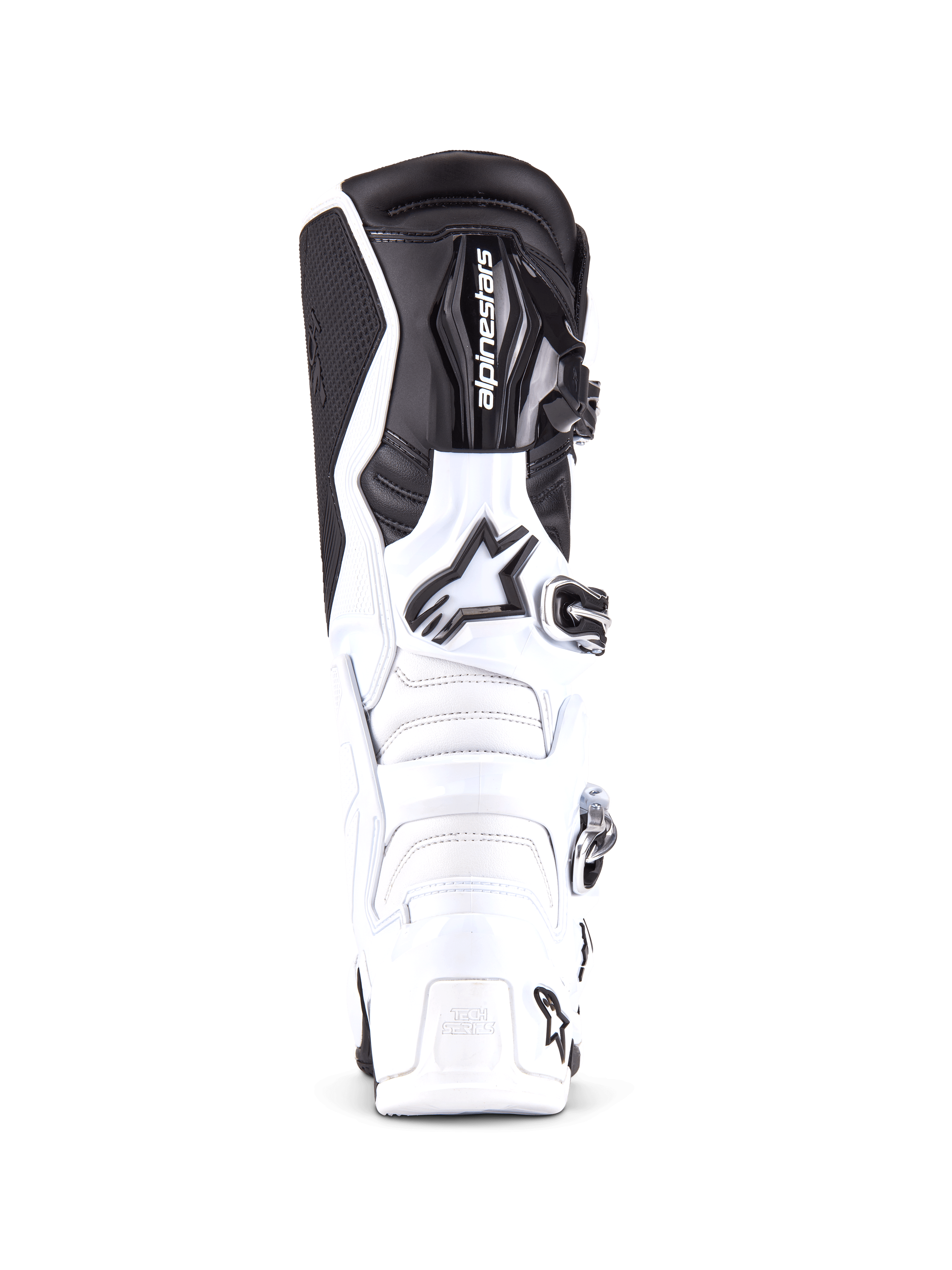 Buty Alpinestars Tech 7, profesjonalne buty motocrossowe, biało-czarne, widok z przodu pokazujący wzmocnioną płytę piszczelową z logo Alpinestars, system zapięć na klamry i wytrzymałą konstrukcję TPU do jazdy w terenie