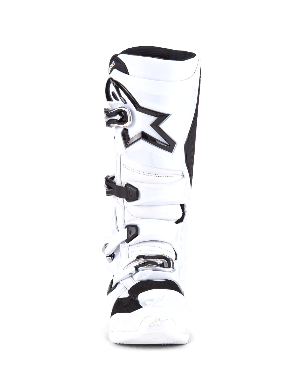 Buty Alpinestars Tech 7, buty motocrossowe, biało-czarne, widok z przodu przedstawiający system czterech klamer, duże czarne logo gwiazdy na goleniu, ochronna skorupa TPU i wzmocnione palce do wyścigów motocrossowych