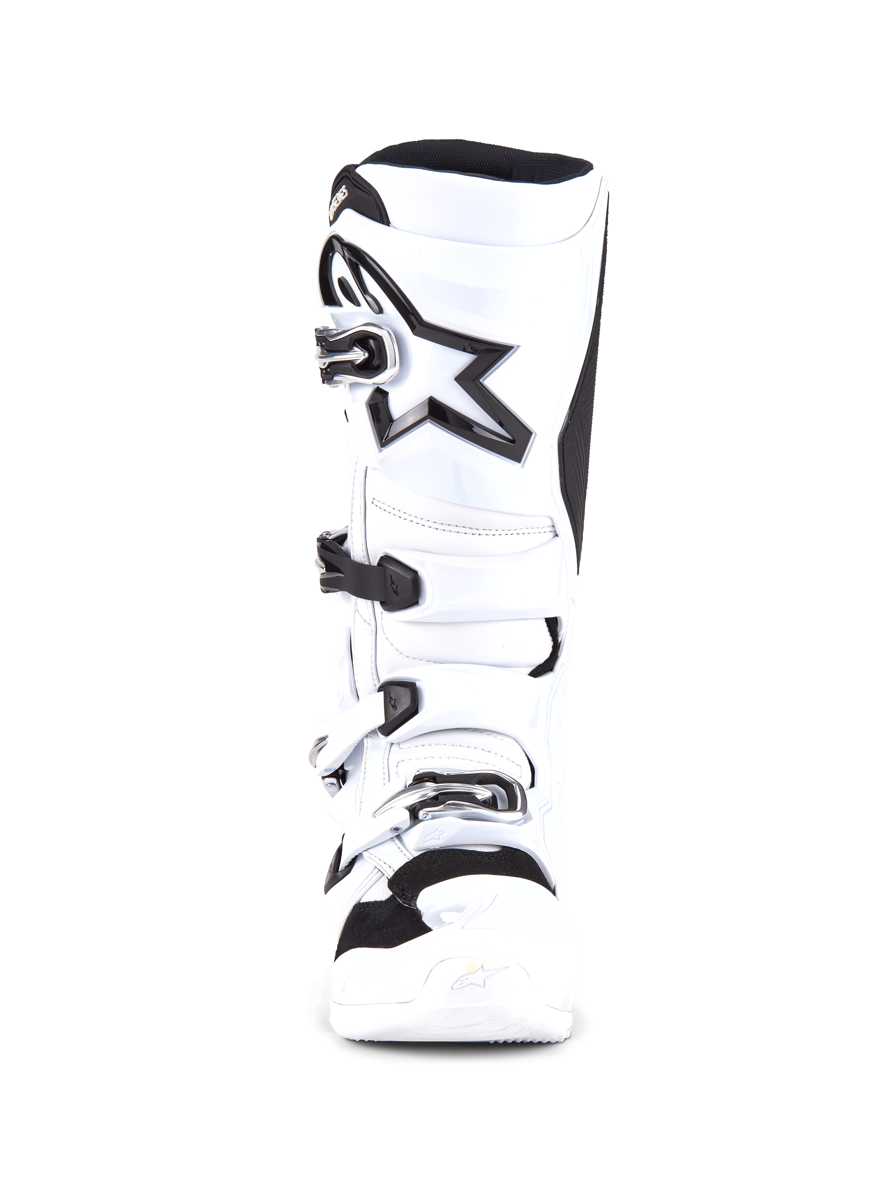 Buty Alpinestars Tech 7, buty motocrossowe, biało-czarne, widok z przodu przedstawiający system czterech klamer, duże czarne logo gwiazdy na goleniu, ochronna skorupa TPU i wzmocnione palce do wyścigów motocrossowych