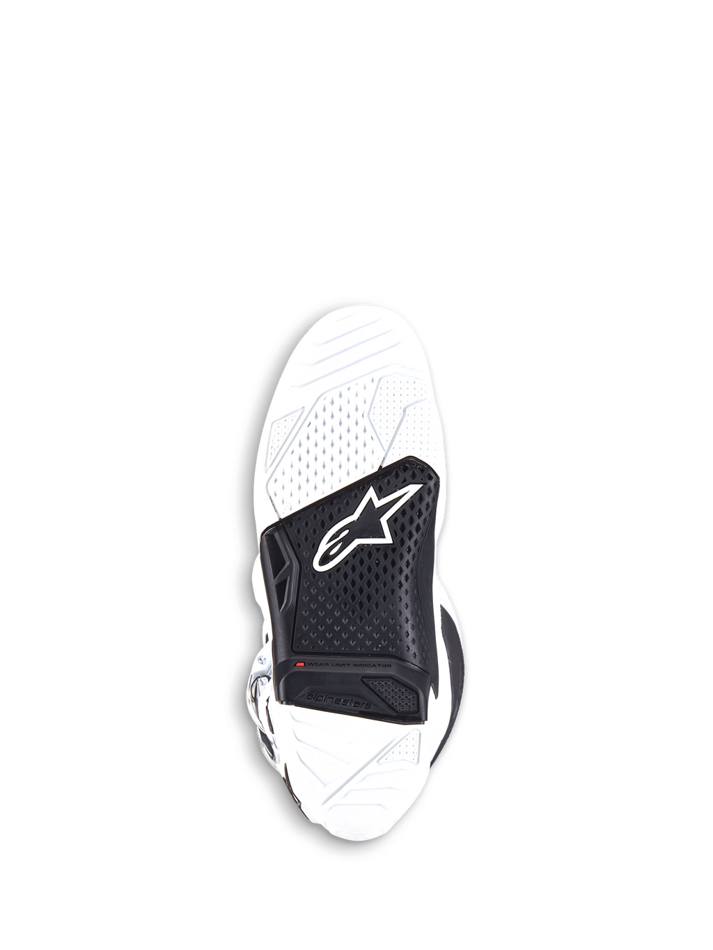 Buty Alpinestars Tech 7, buty motocrossowe, biało-czarne, widok od spodu na wymienną, dwuskładnikową, wulkanizowaną gumową podeszwę z czarną środkową wstawką z logo Alpinestars i czerwonym wskaźnikiem zużycia.