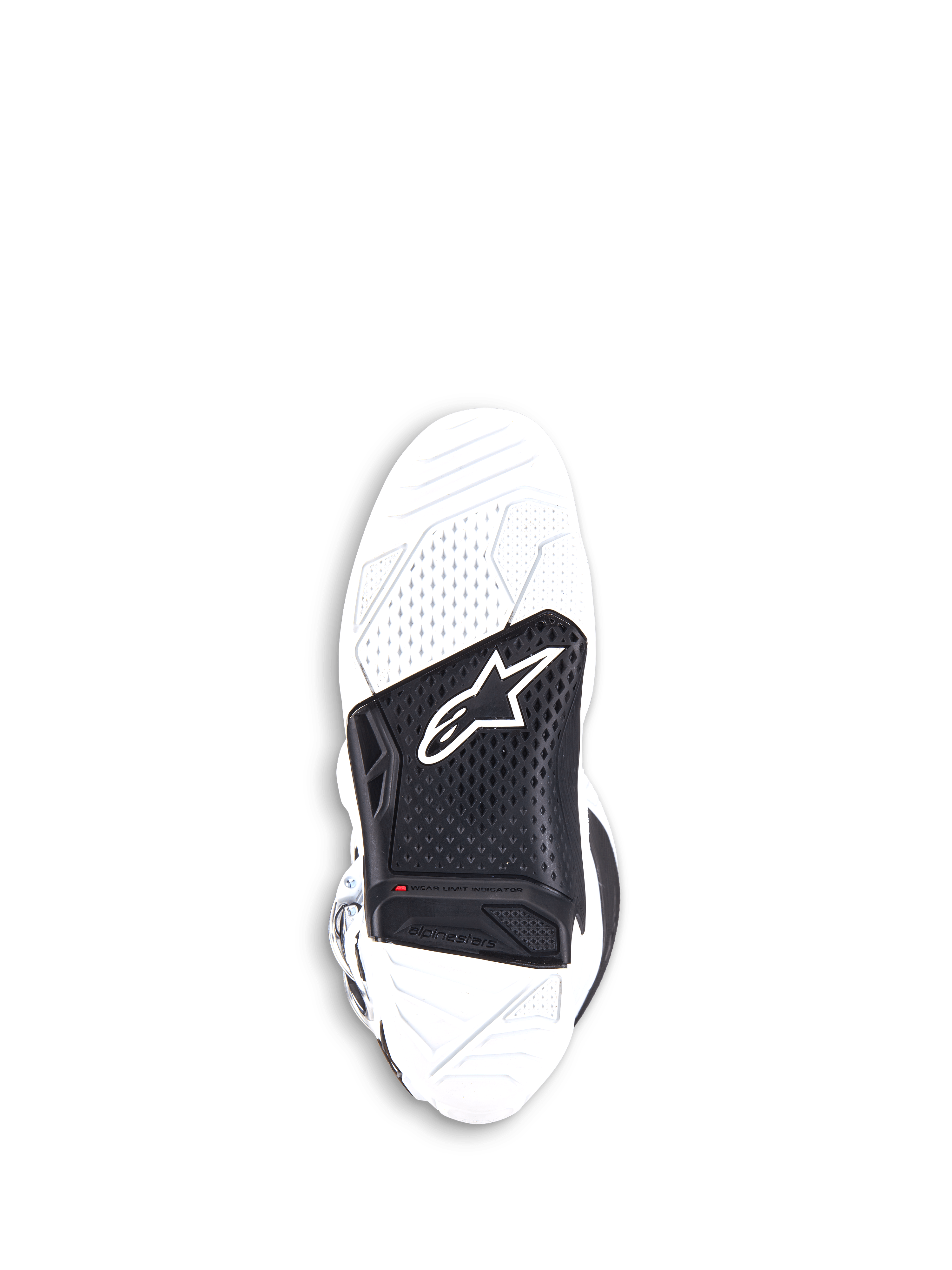 Buty Alpinestars Tech 7, buty motocrossowe, biało-czarne, widok od spodu na wymienną, dwuskładnikową, wulkanizowaną gumową podeszwę z czarną środkową wstawką z logo Alpinestars i czerwonym wskaźnikiem zużycia.