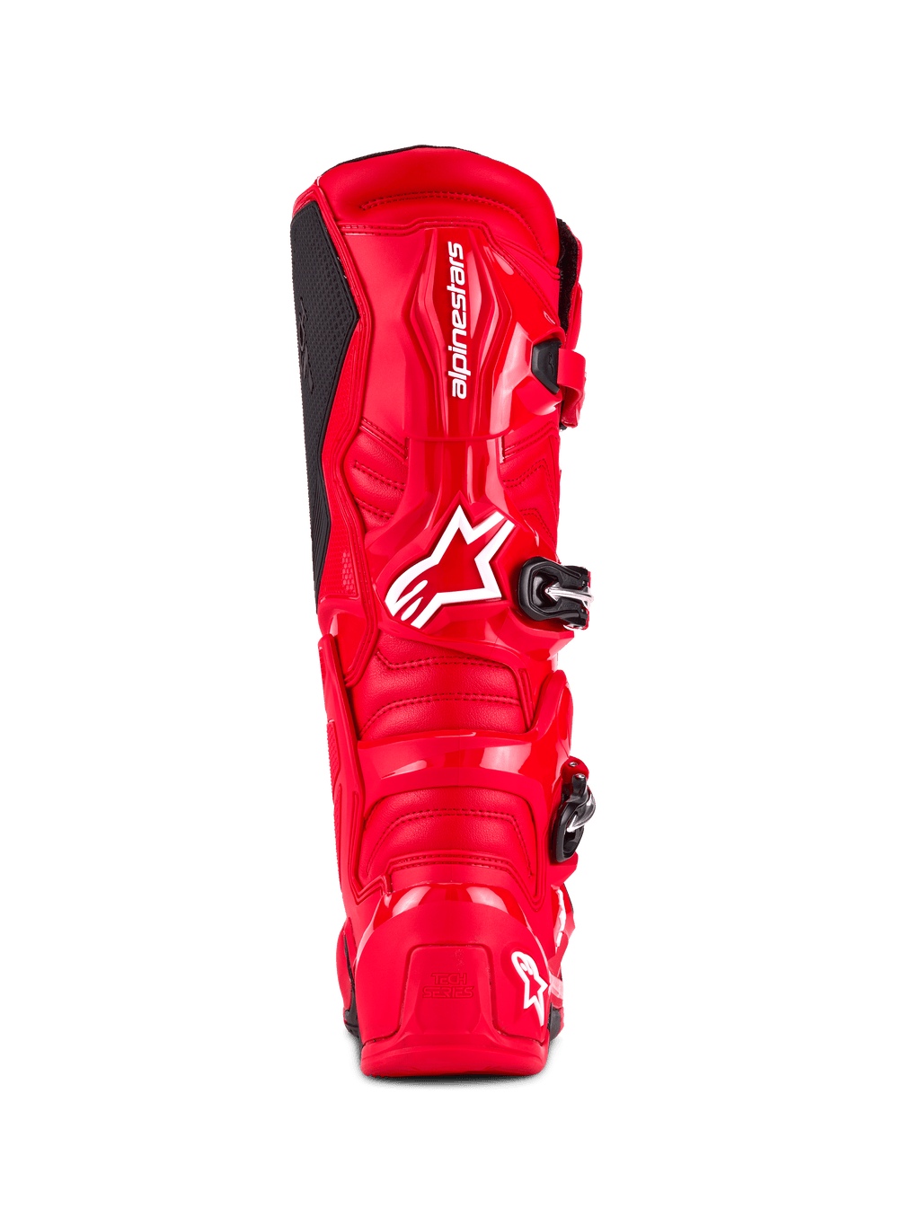 Buty Alpinestars Tech 7, buty motocrossowe, jaskrawoczerwone, widok z tyłu z odporną na uderzenia skorupą TPU, białym logo Alpinestars na łydce i logo „Tech Series” na pięcie, zaprojektowane dla ochrony i wydajności w terenie