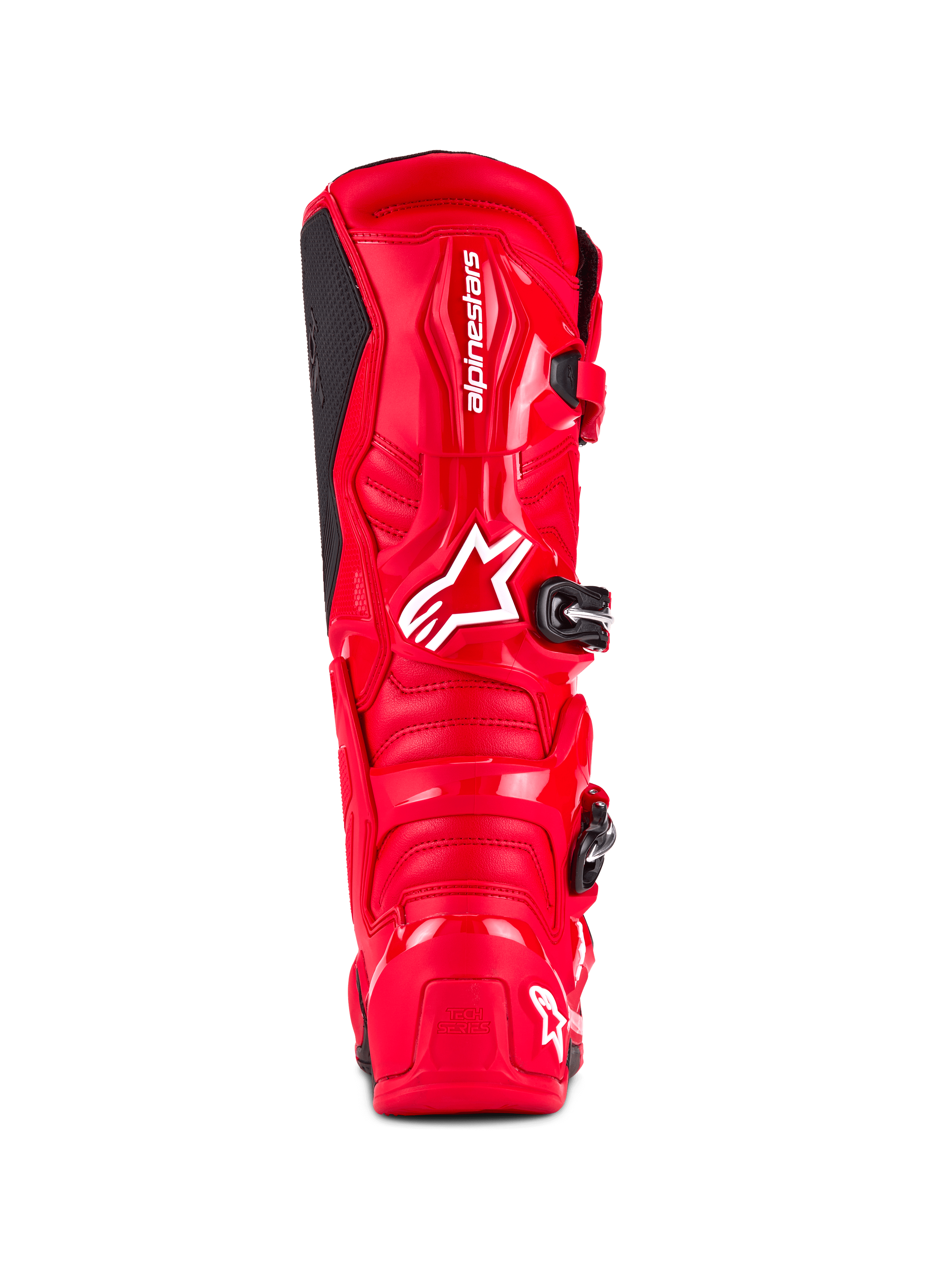 Buty Alpinestars Tech 7, buty motocrossowe, jaskrawoczerwone, widok z tyłu z odporną na uderzenia skorupą TPU, białym logo Alpinestars na łydce i logo „Tech Series” na pięcie, zaprojektowane dla ochrony i wydajności w terenie
