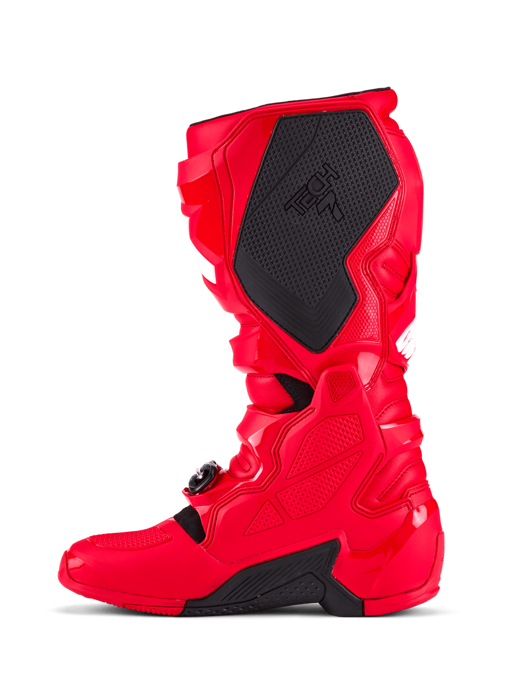 Alpinestars Tech 7 Boots, buty motocrossowe, jaskrawoczerwone, widok od strony przyśrodkowej z dużym czarnym teksturowanym panelem z logo Tech 7, ochronna skorupa TPU i regulowany system zapięć na klamry do wyścigów terenowych