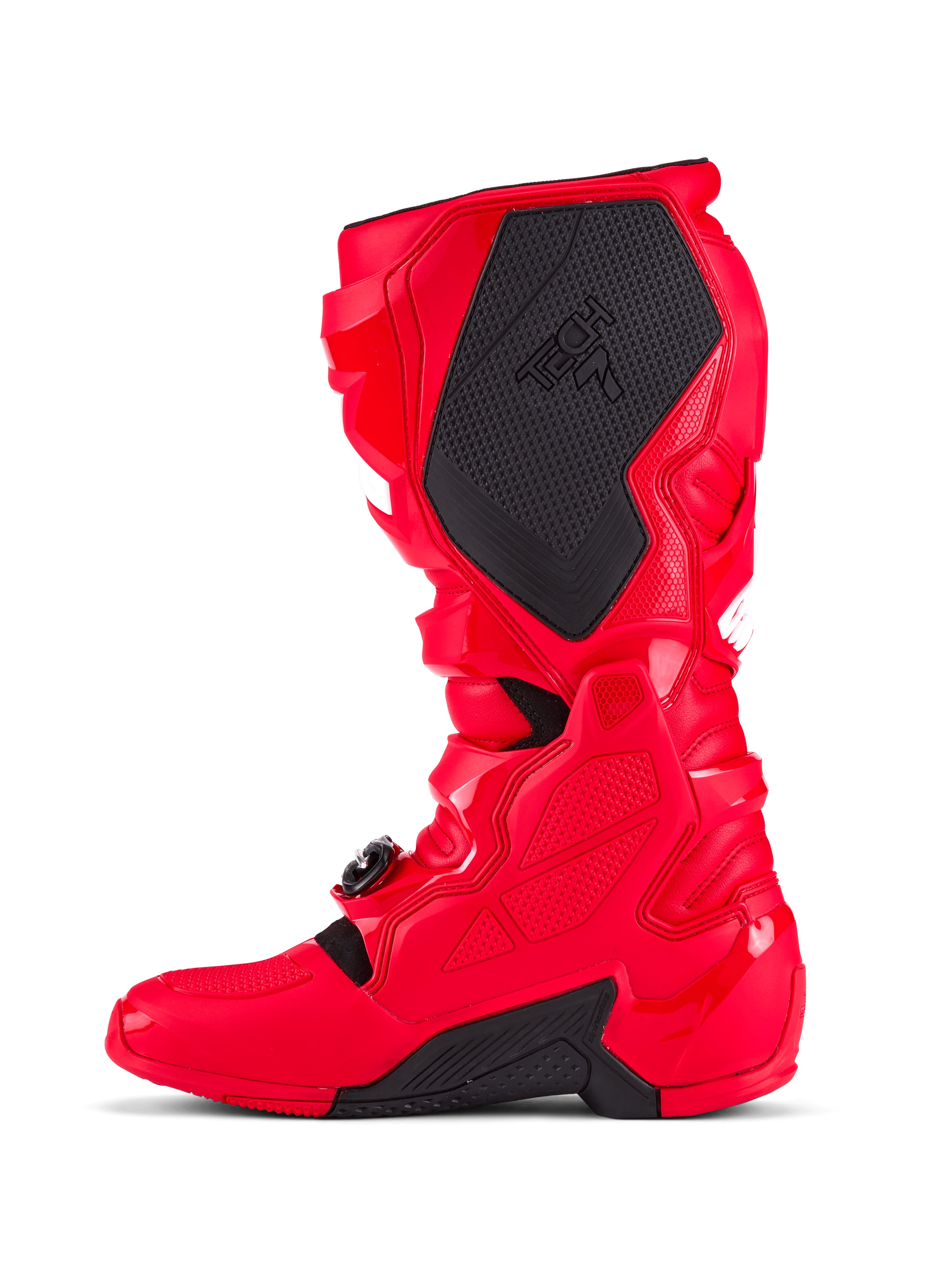Alpinestars Tech 7 Boots, buty motocrossowe, jaskrawoczerwone, widok od strony przyśrodkowej z dużym czarnym teksturowanym panelem z logo Tech 7, ochronna skorupa TPU i regulowany system zapięć na klamry do wyścigów terenowych