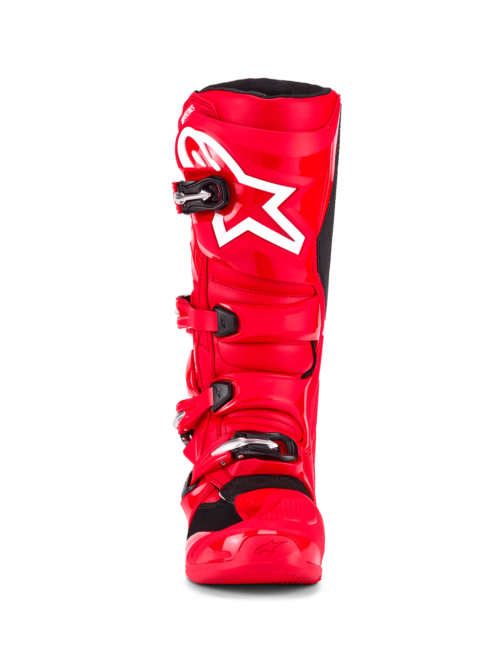 Alpinestars Tech 7 Boots, buty motocrossowe, jaskrawoczerwone, widok z przodu z białym logo gwiazdy na piszczelu, czarne klamry, wysokowydajna skorupa ochronna z TPU