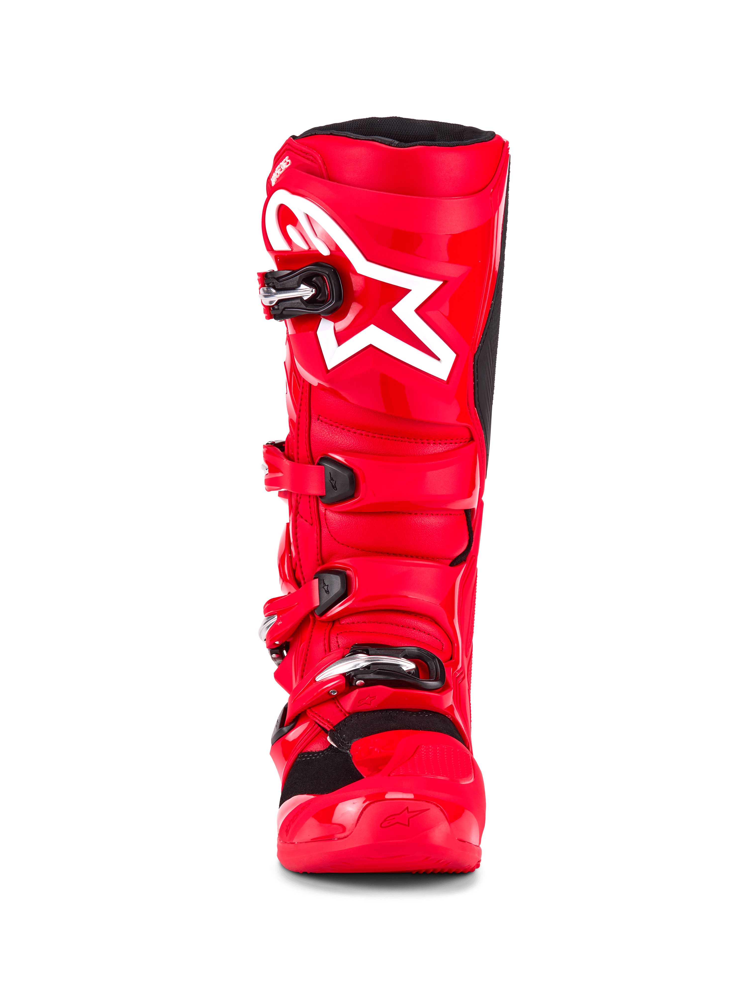 Alpinestars Tech 7 Boots, buty motocrossowe, jaskrawoczerwone, widok z przodu z białym logo gwiazdy na piszczelu, czarne klamry, wysokowydajna skorupa ochronna z TPU