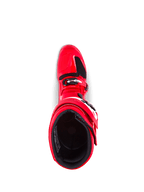 Buty Alpinestars Tech 7, buty motocrossowe, jaskrawoczerwone, widok z góry pokazujący wewnętrzną wyściółkę i zapięcie na klamry, wytrzymała konstrukcja z TPU zapewniająca ochronę w terenie