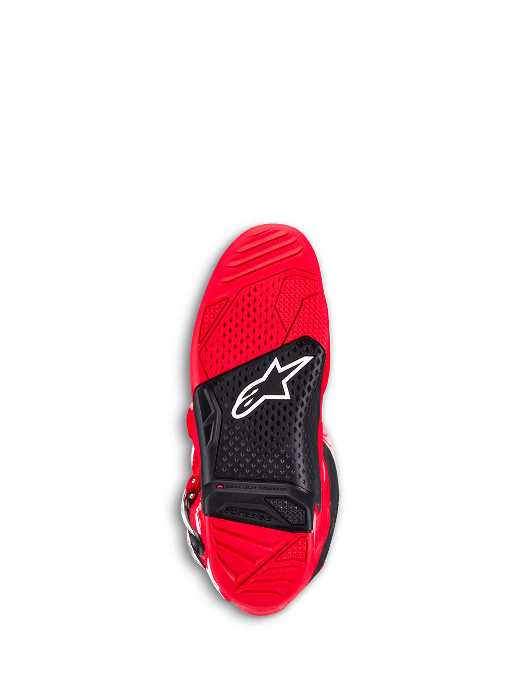 Buty Alpinestars Tech 7, buty motocrossowe, jaskrawoczerwone, widok od spodu na podeszwę, czerwono-czarna dwuskładnikowa guma, teksturowana powierzchnia zapewniająca przyczepność na podnóżkach, białe logo Astar i widoczny wskaźnik zużycia