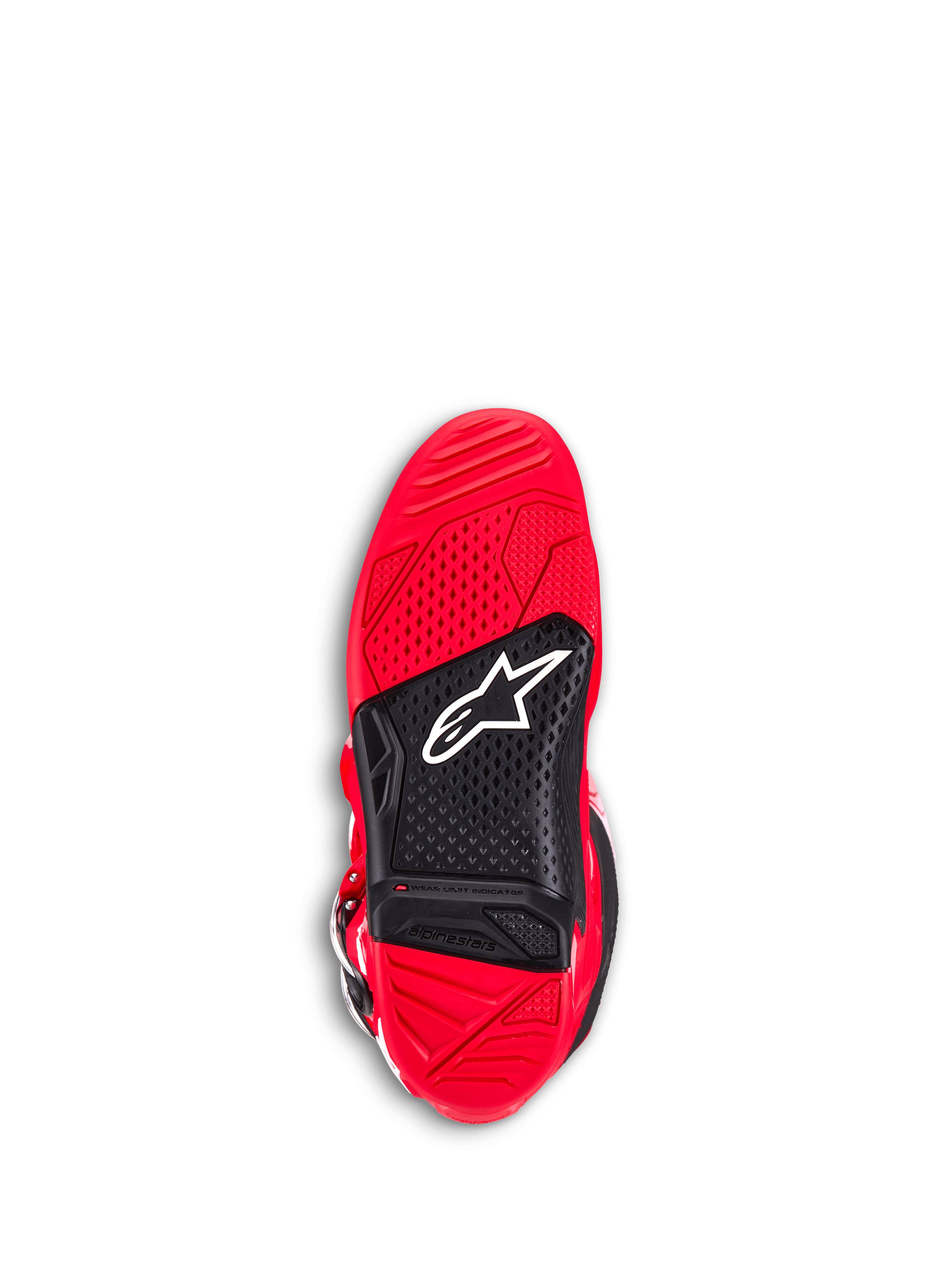 Buty Alpinestars Tech 7, buty motocrossowe, jaskrawoczerwone, widok od spodu na podeszwę, czerwono-czarna dwuskładnikowa guma, teksturowana powierzchnia zapewniająca przyczepność na podnóżkach, białe logo Astar i widoczny wskaźnik zużycia