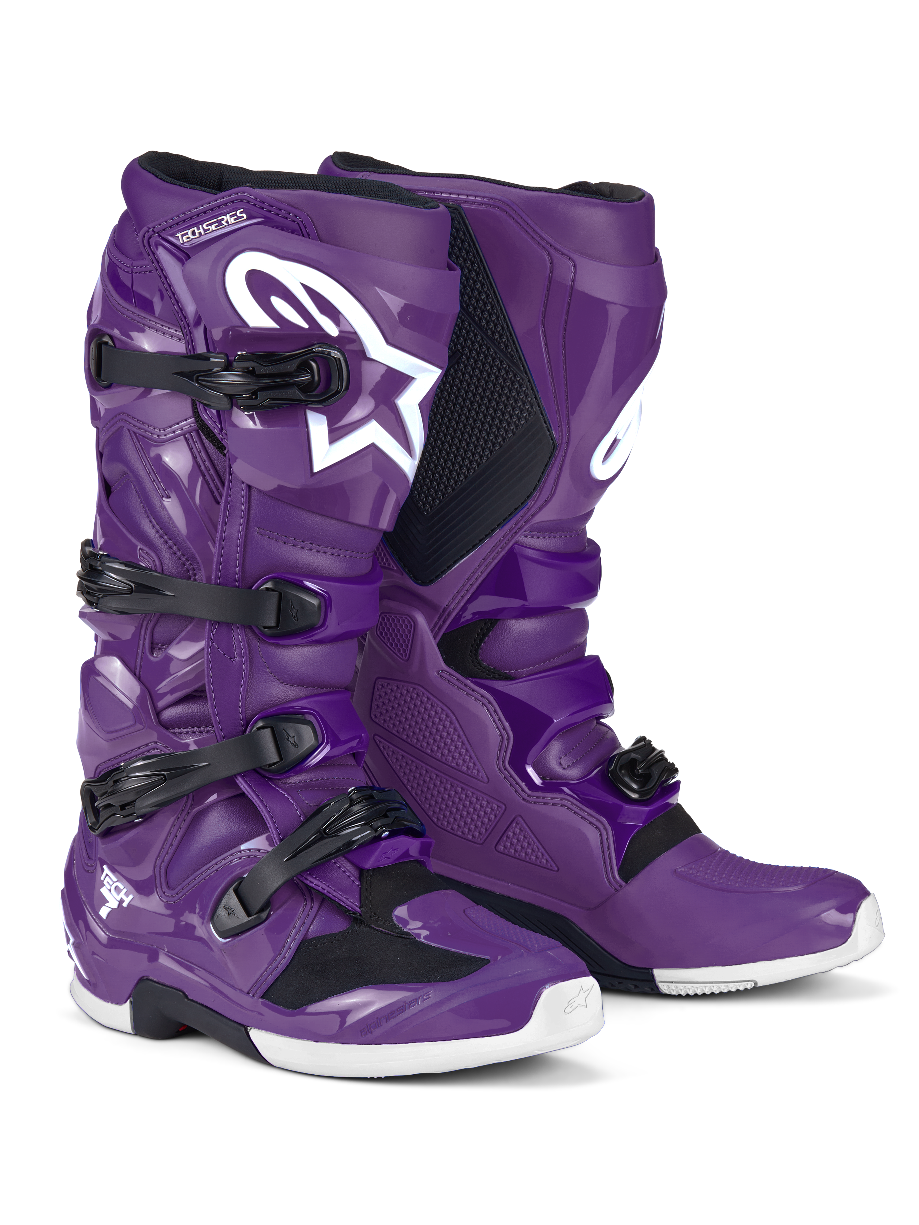 Alpinestars Tech 7 Boots, buty motocrossowe, fioletowe, z czarnymi klamrami i dużym białym logo Astars, wysokowydajna konstrukcja ochronna z zapięciem na cztery paski i trwałą skorupą TPU do wyścigów terenowych off-road