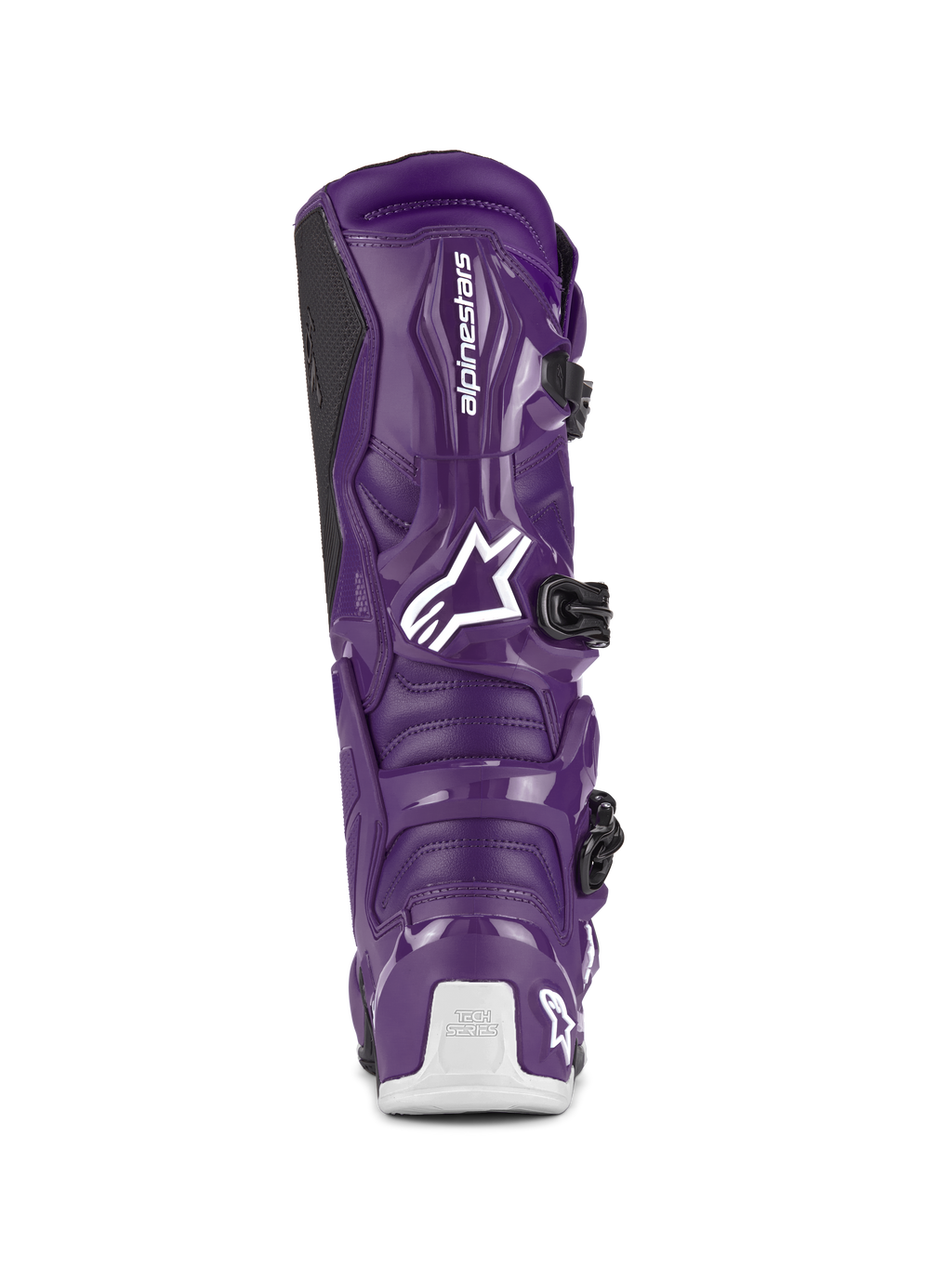 Buty Alpinestars Tech 7, buty motocrossowe, fioletowe, widok z tyłu prezentujący białe logo Alpinestars oraz oznakowanie Tech Series na pięcie, czarne zapięcia na klamry, wytrzymała konstrukcja z TPU i materiałów syntetycznych do jazdy w terenie